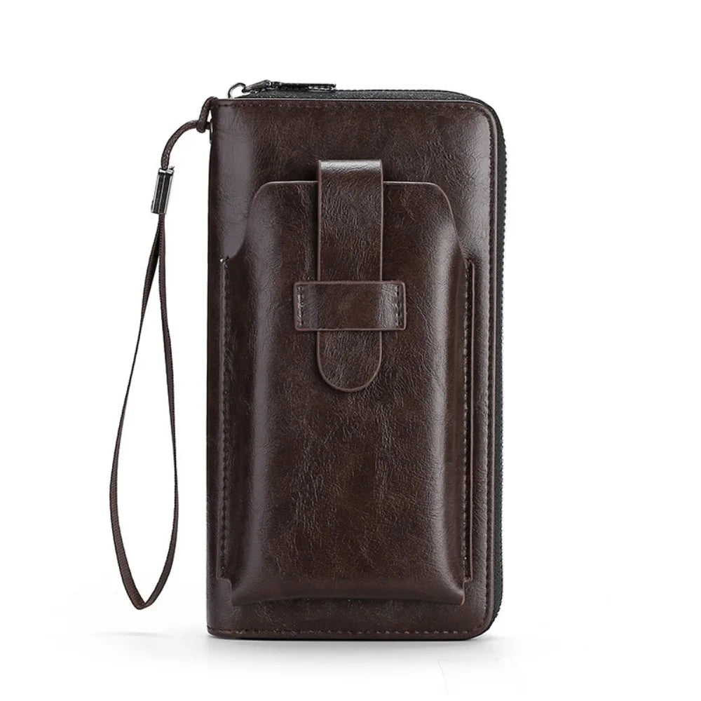 A stylish cowhide long wallet made of soft leather, featuring a large capacity for coins and cards, showcasing its elegant design.