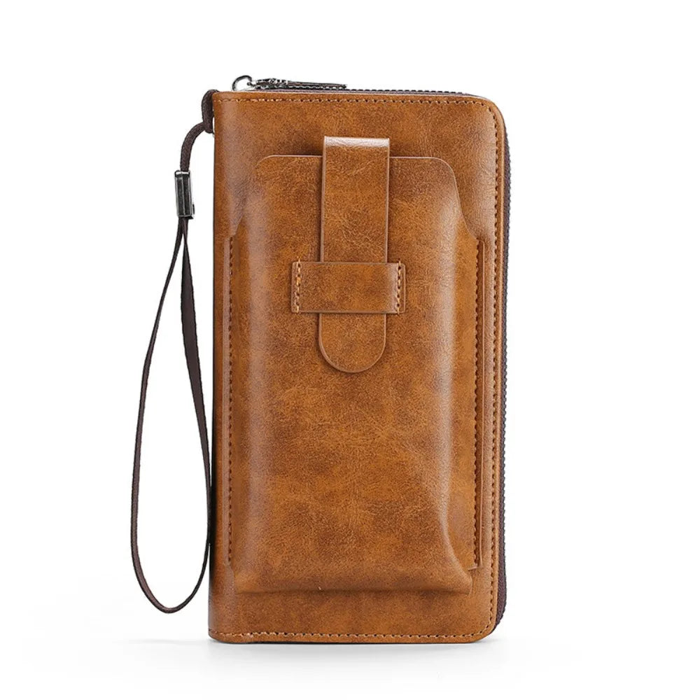 A stylish cowhide long wallet made of soft leather, featuring a large capacity for coins and cards, showcasing its elegant design.