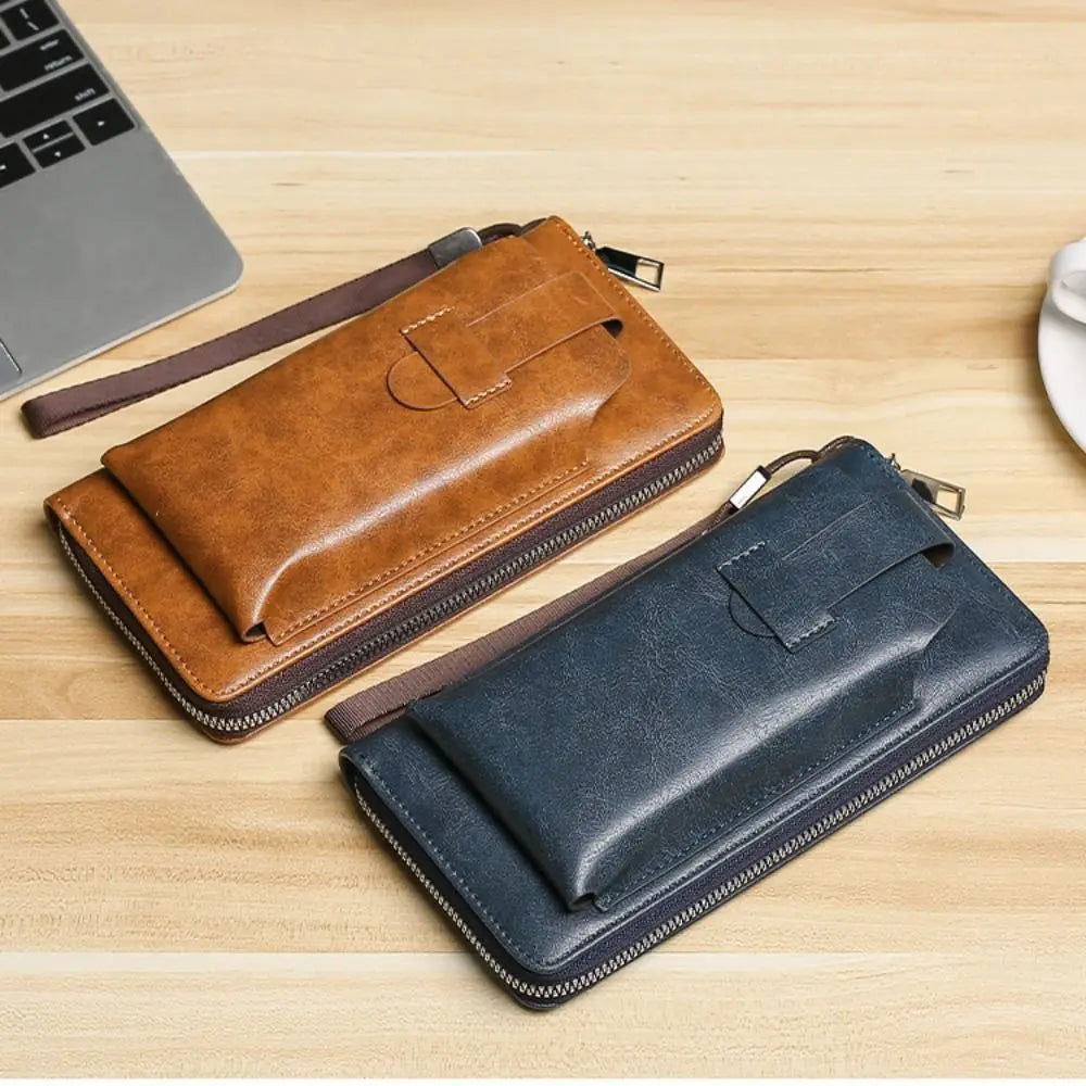 A stylish cowhide long wallet made of soft leather, featuring a large capacity for coins and cards, showcasing its elegant design.