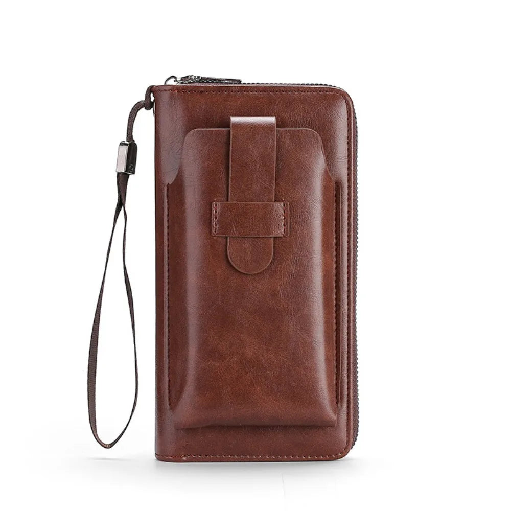 A stylish cowhide long wallet made of soft leather, featuring a large capacity for coins and cards, showcasing its elegant design.