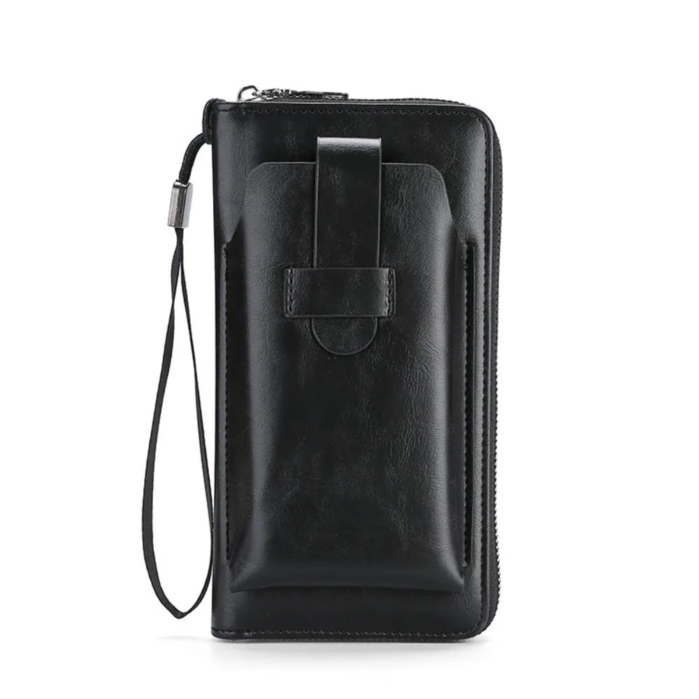 A stylish cowhide long wallet made of soft leather, featuring a large capacity for coins and cards, showcasing its elegant design.