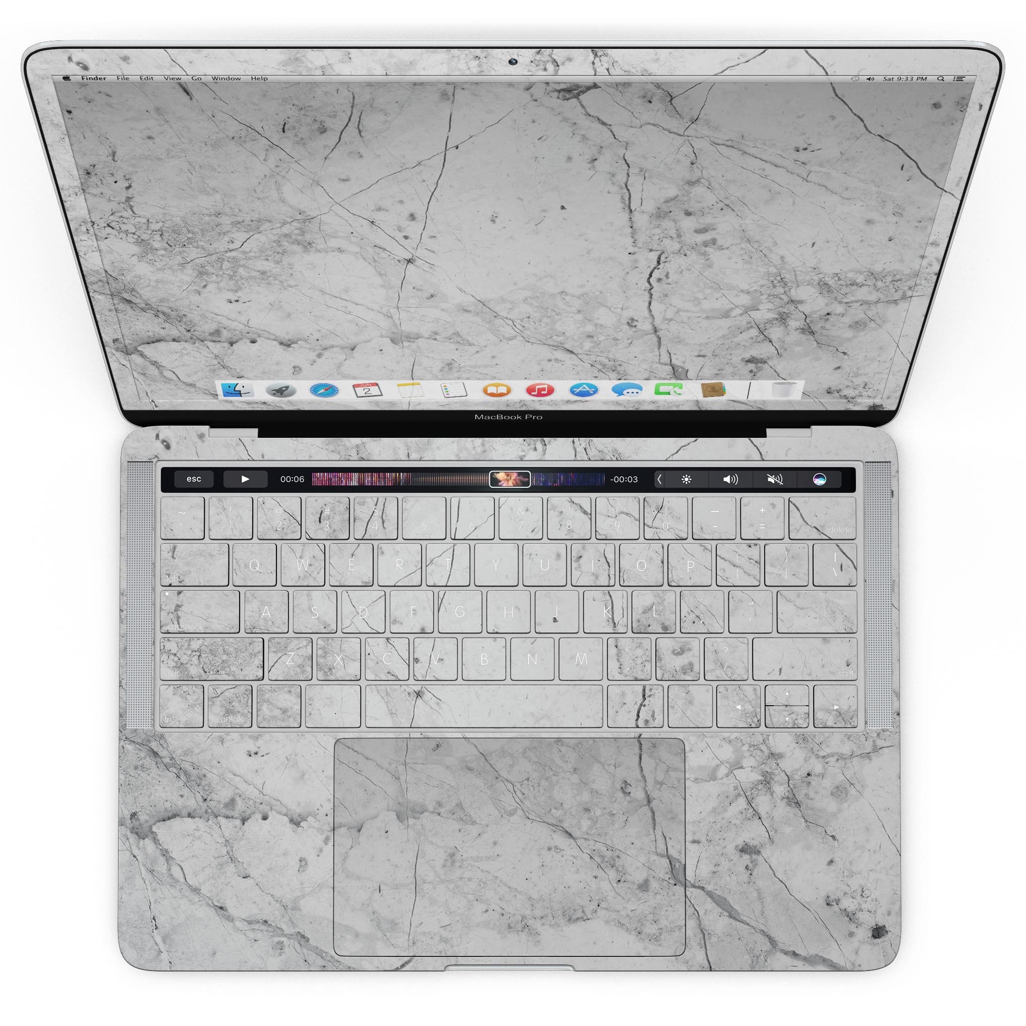 Cracked Marble Surface Skin Kit for MacBook Pro with Touch Bar, showcasing a stylish design and premium vinyl material.