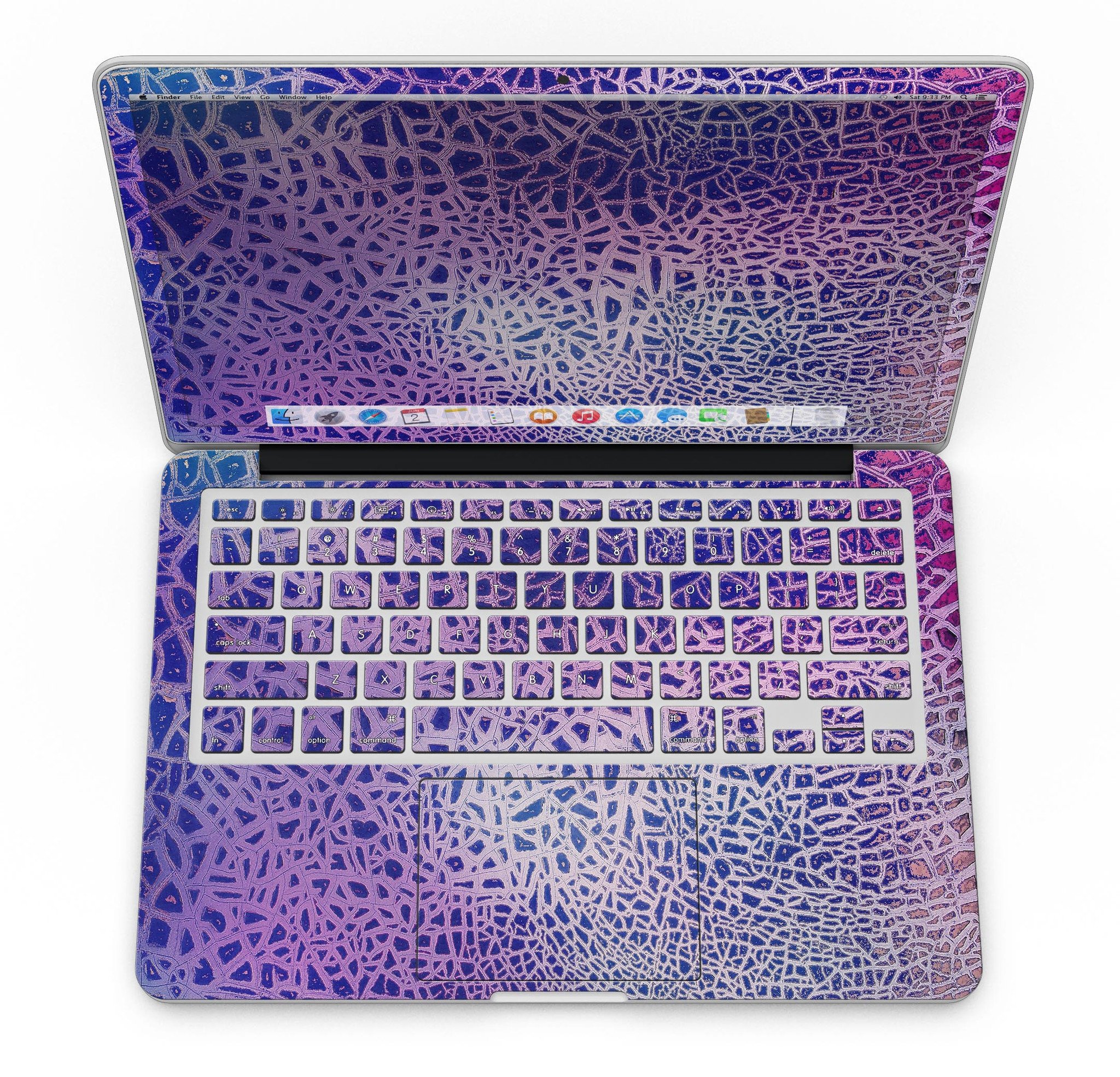 Cracked Purple Texture skin for MacBook Pro with Retina Display, showcasing vibrant purple design and premium vinyl material.