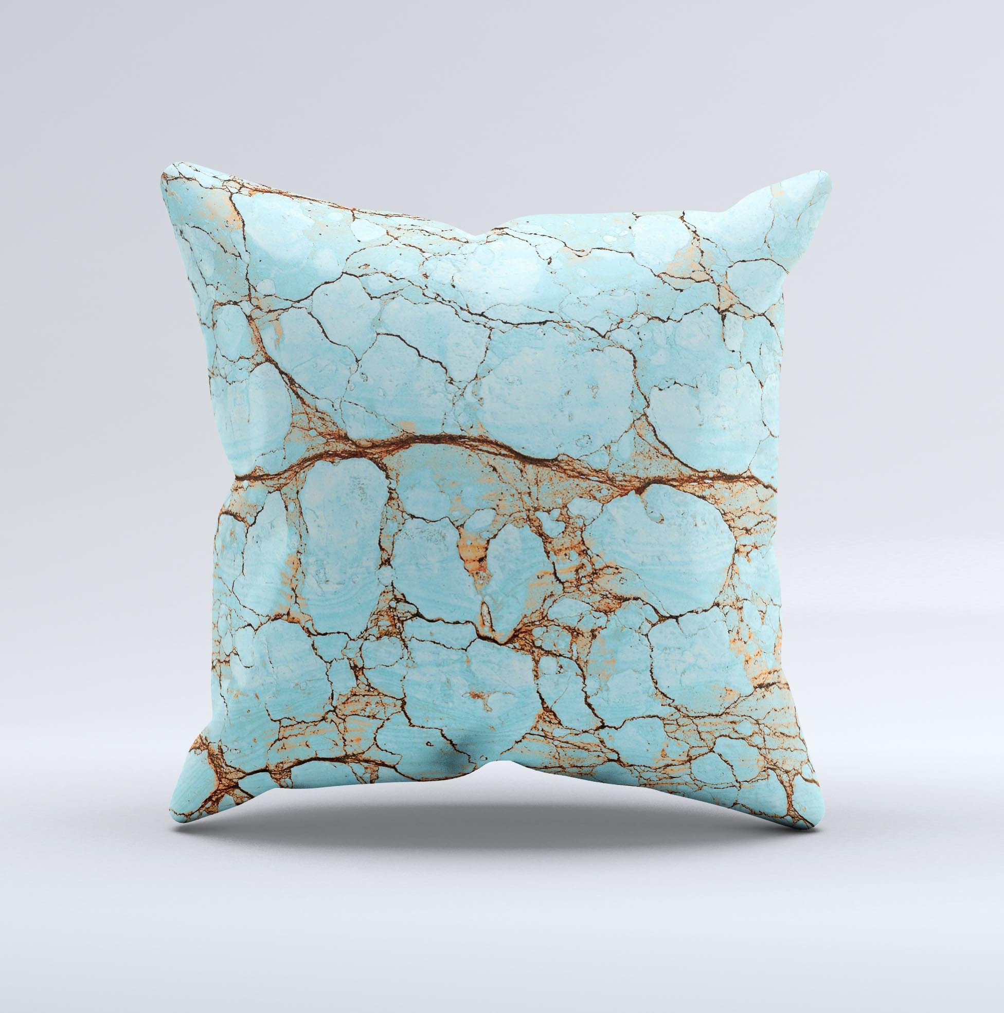 Cracked Teal Stone ink-Fuzed Decorative Throw Pillow showcasing a unique teal design with a textured finish, handcrafted in Virginia.