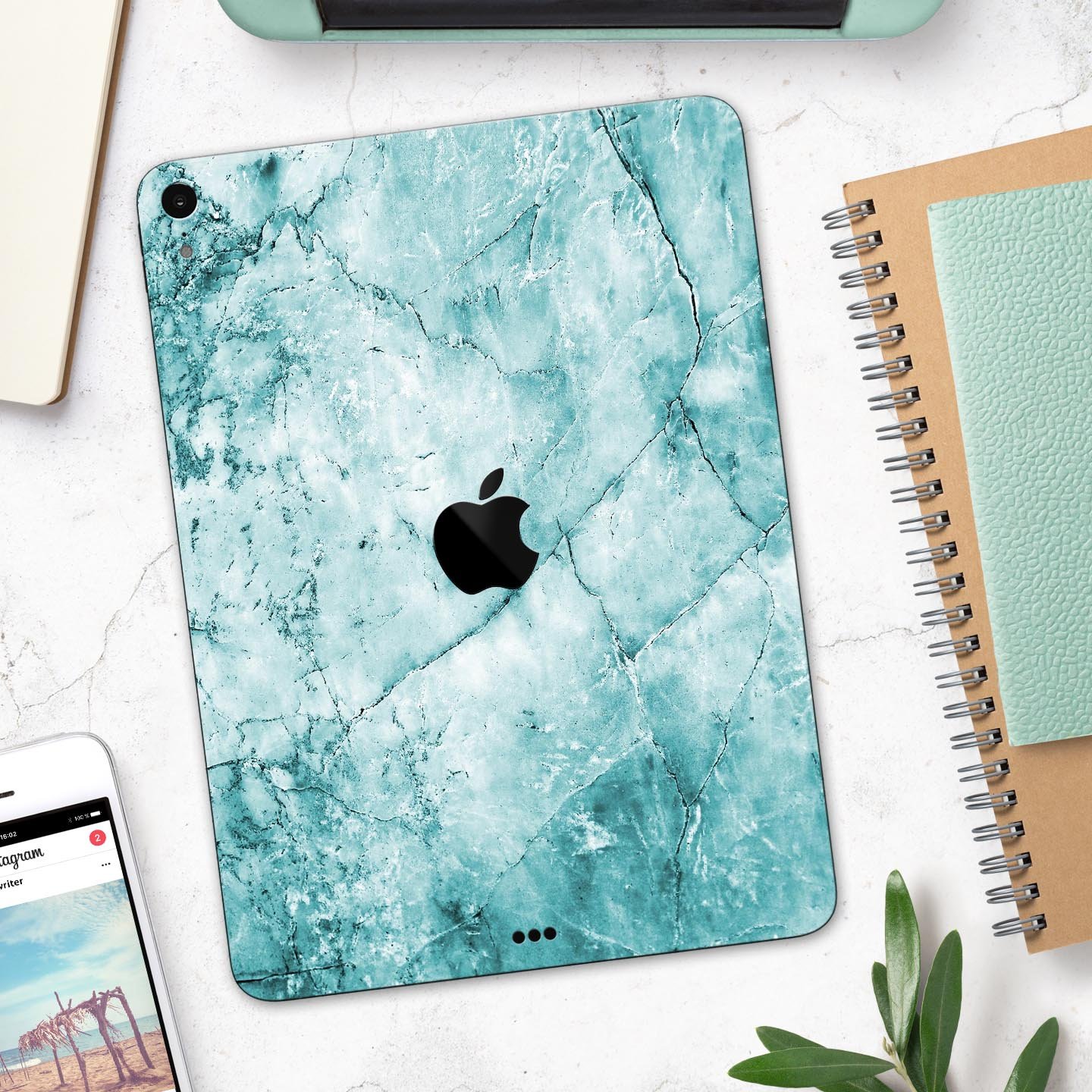 Cracked Turquoise Marble Surface Skin Decal for Apple devices, showcasing a vibrant marble design with a smooth finish.