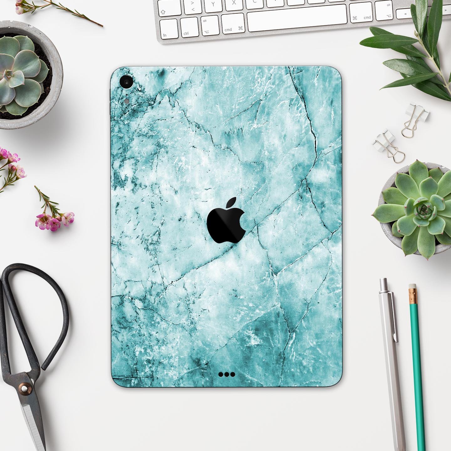 Cracked Turquoise Marble Surface Skin Decal for Apple devices, showcasing a vibrant marble design with a smooth finish.