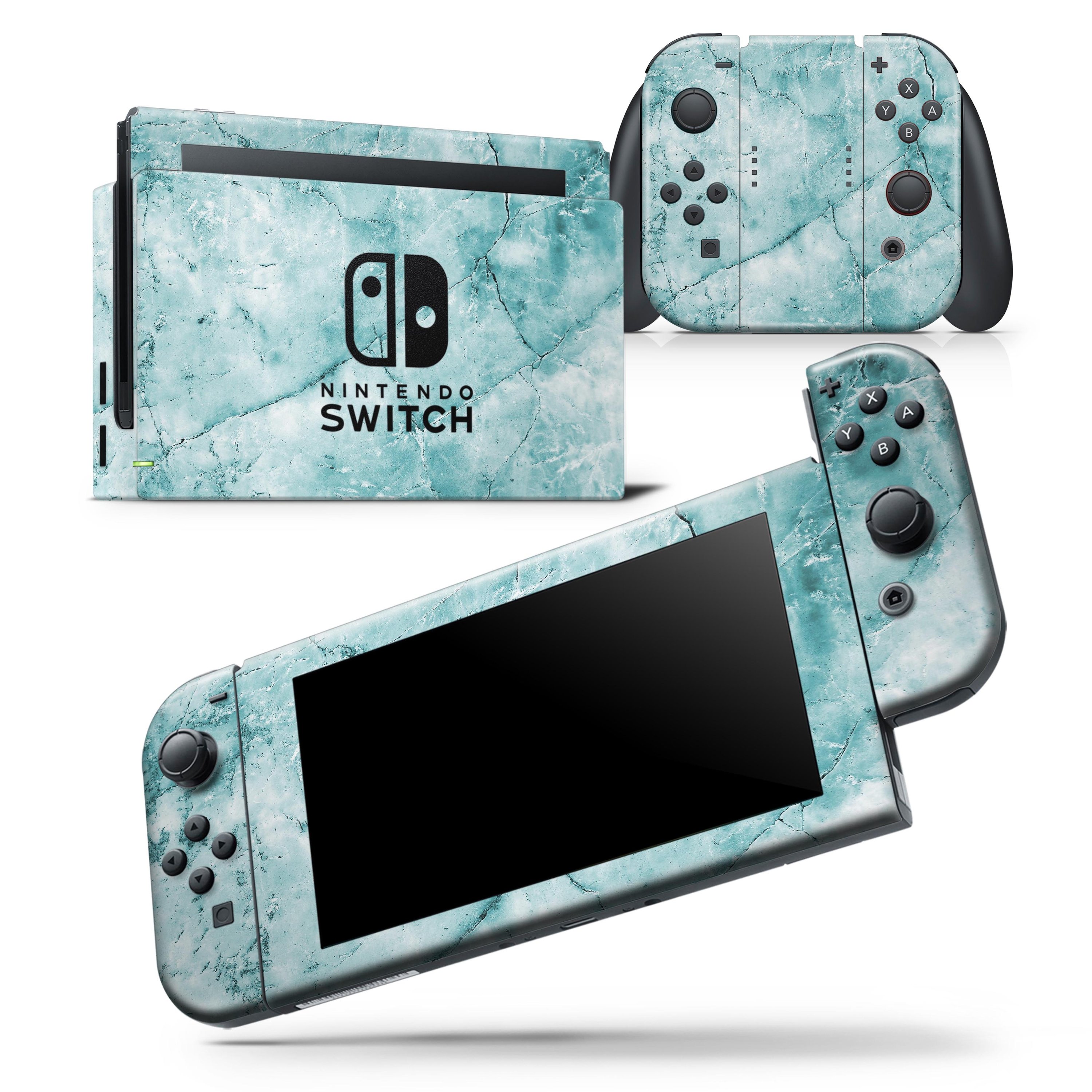 Cracked turquoise marble skin wrap decal for Nintendo Switch, showcasing a stylish design that fits the console and controllers perfectly.