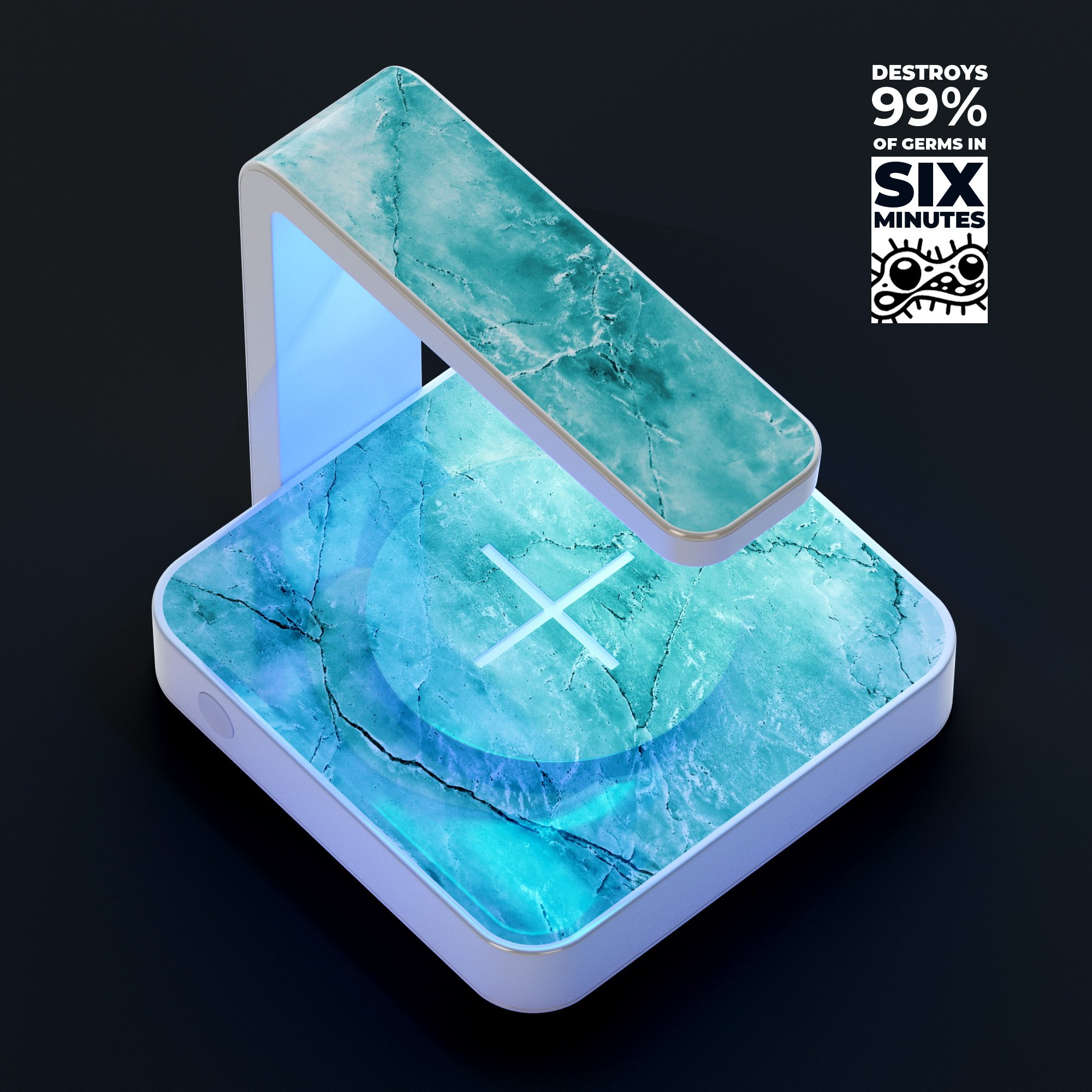 Cracked turquoise marble surface UV germicidal sanitizing wireless charger with phone placed on it, showcasing its sleek design and functionality.