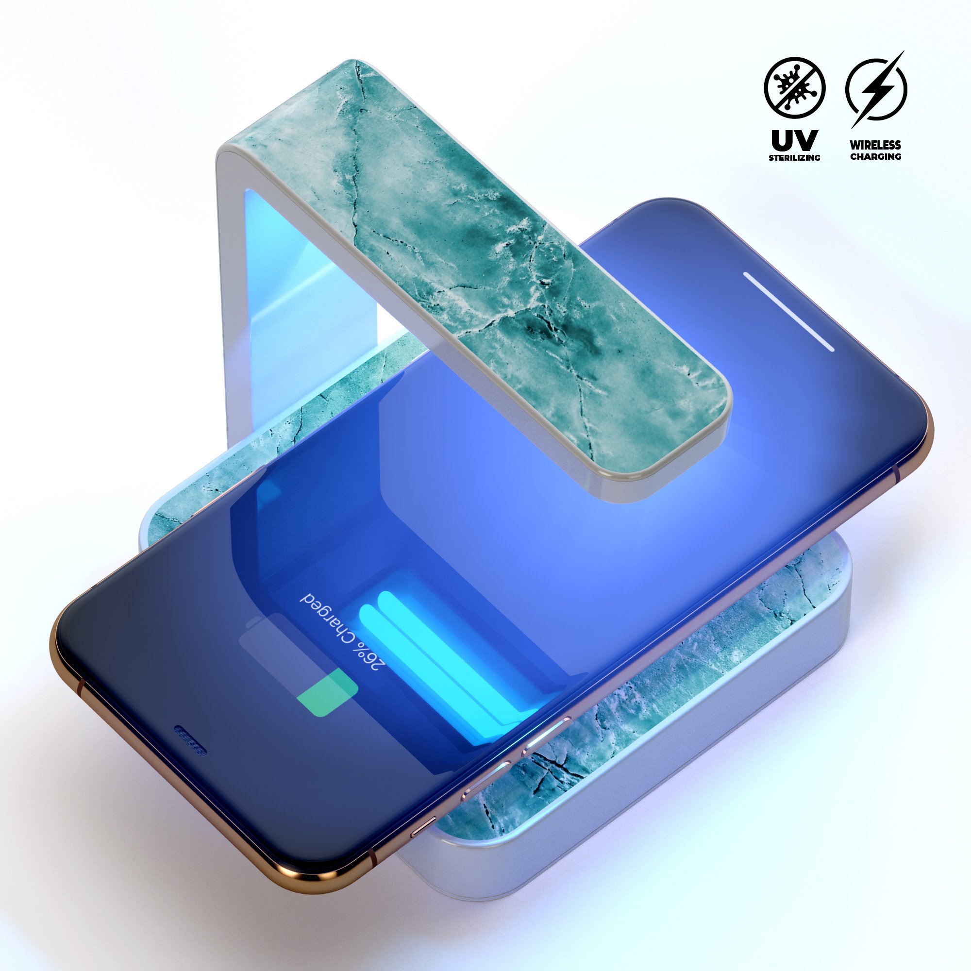 Cracked turquoise marble surface UV germicidal sanitizing wireless charger with phone placed on it, showcasing its sleek design and functionality.