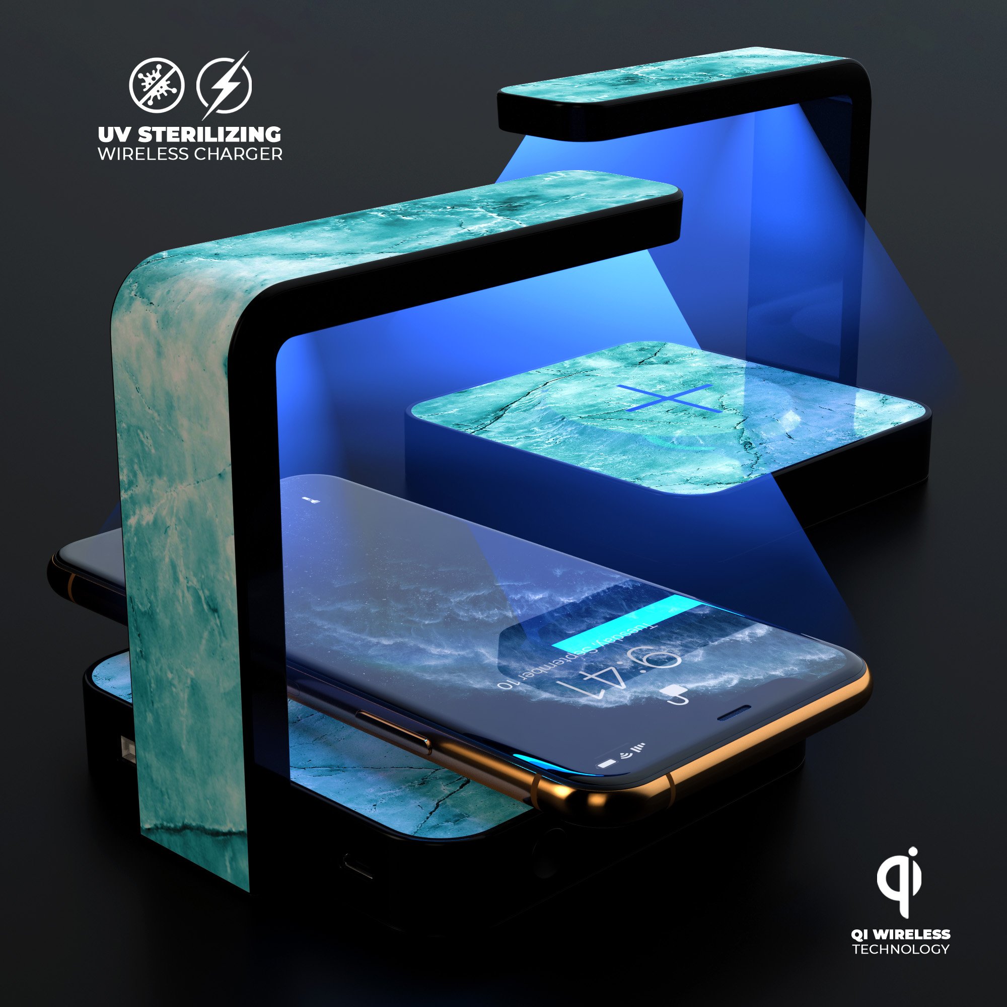 Cracked turquoise marble surface UV germicidal sanitizing wireless charger with phone placed on it, showcasing its sleek design and functionality.