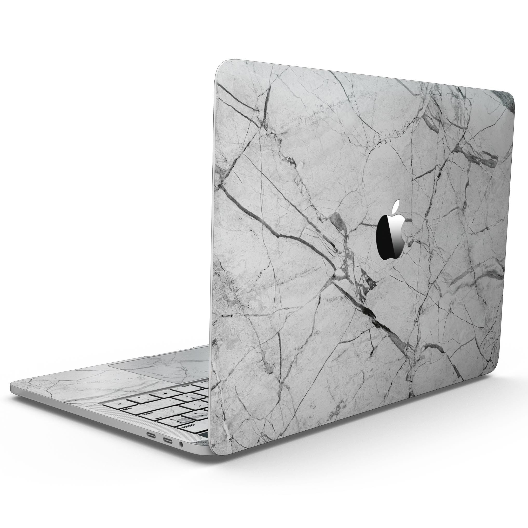 Cracked White Marble Slate Skin Kit for MacBook Pro with Touch Bar, showcasing a stylish marble design.