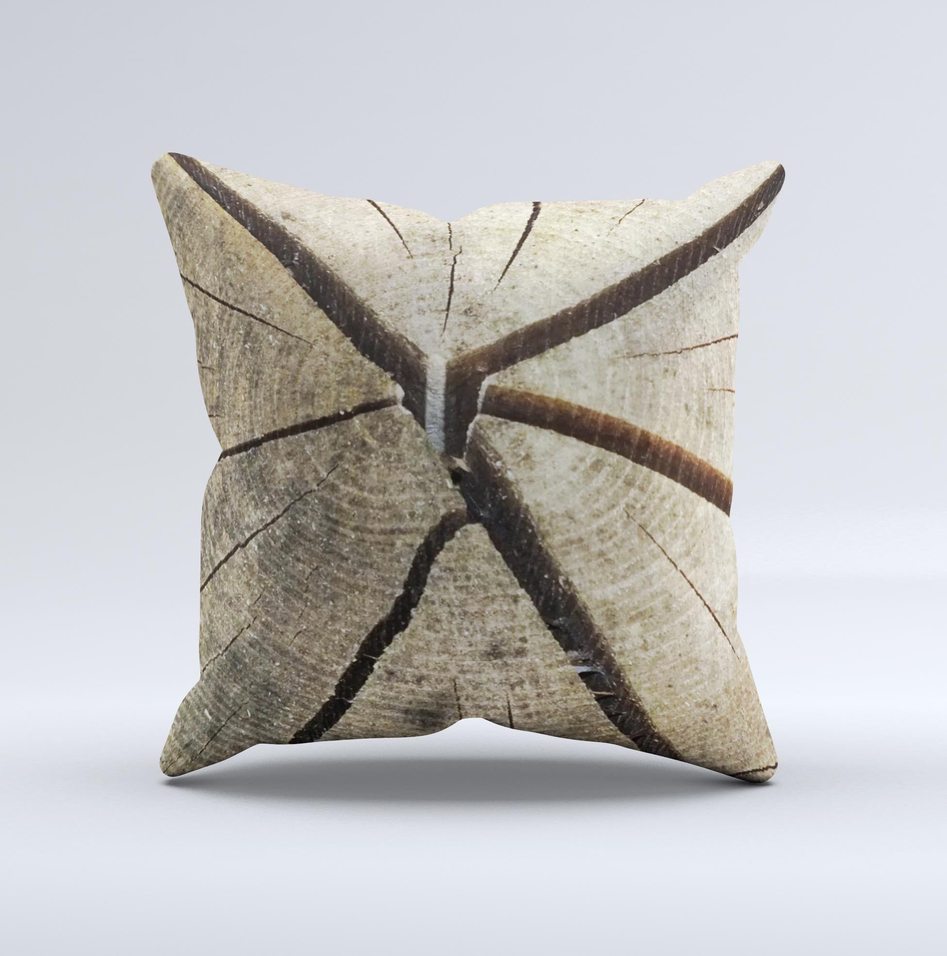 Cracked Wooden Stump Ink-Fuzed Decorative Throw Pillow showcasing unique design and high-quality fabric.