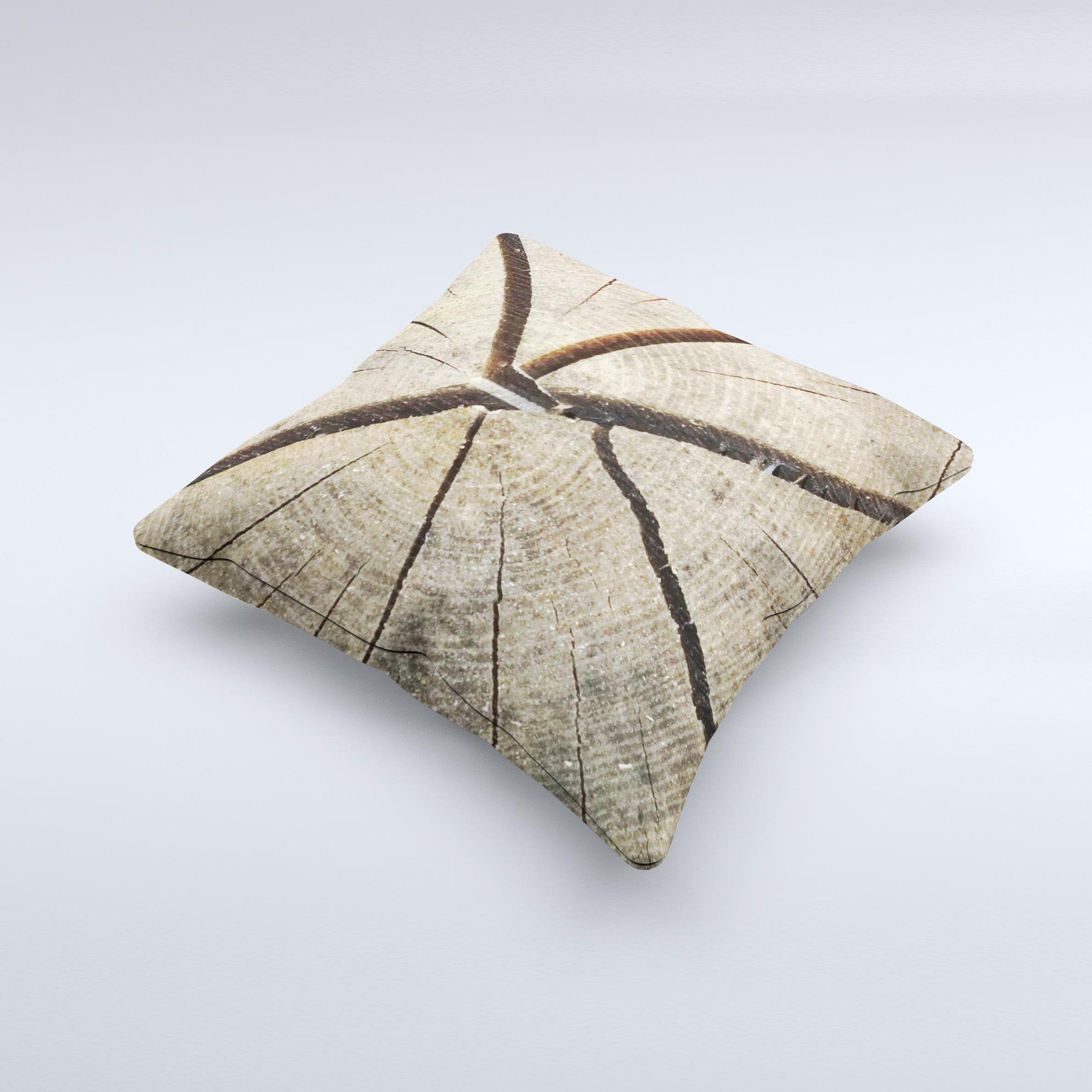 Cracked Wooden Stump Ink-Fuzed Decorative Throw Pillow showcasing unique design and high-quality fabric.