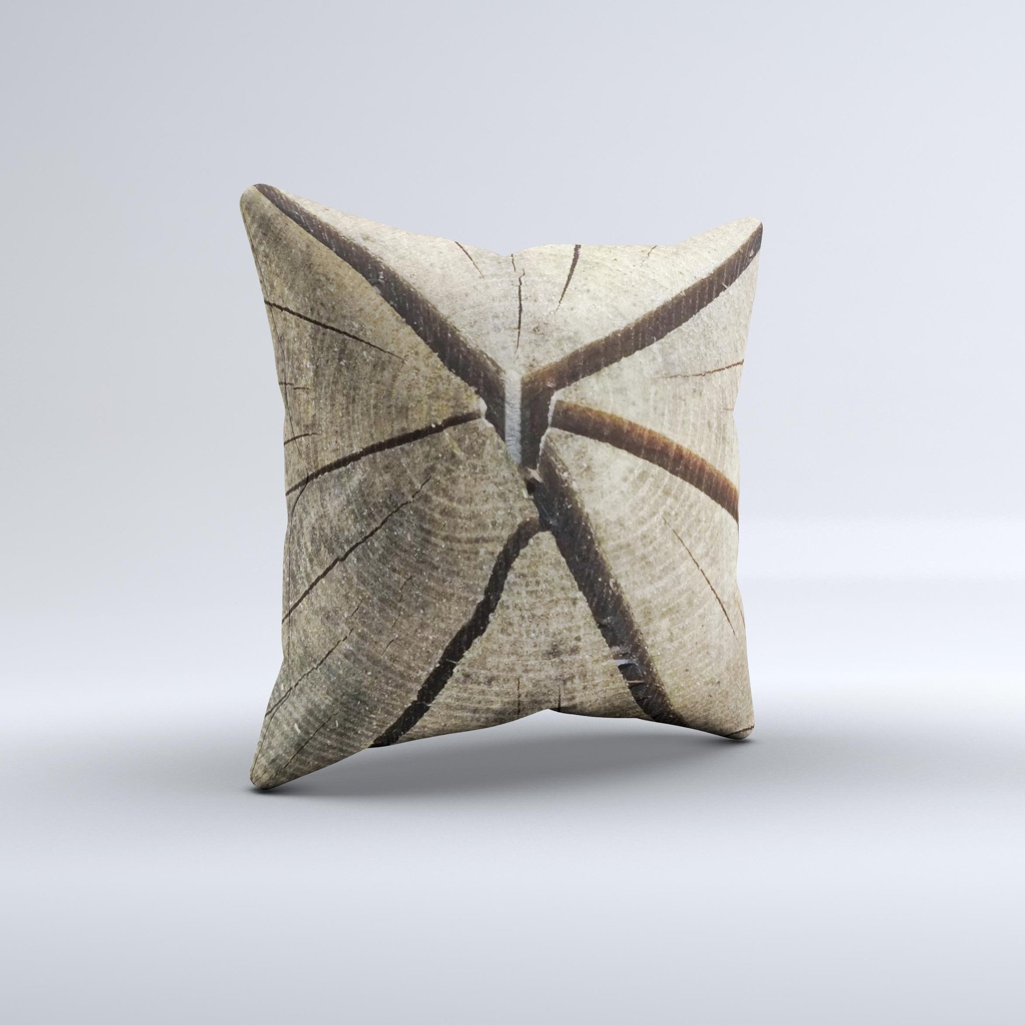 Cracked Wooden Stump Ink-Fuzed Decorative Throw Pillow showcasing unique design and high-quality fabric.