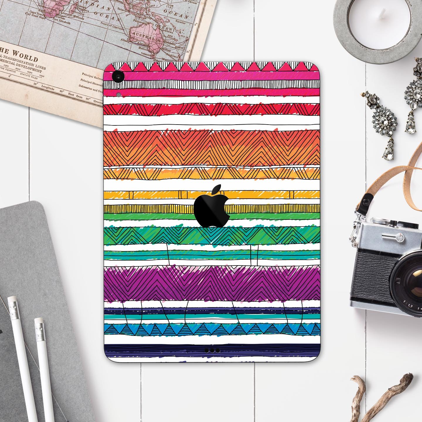 Colorful crayon doodle patterns skin decal for Apple devices, showcasing vibrant designs and premium quality materials.