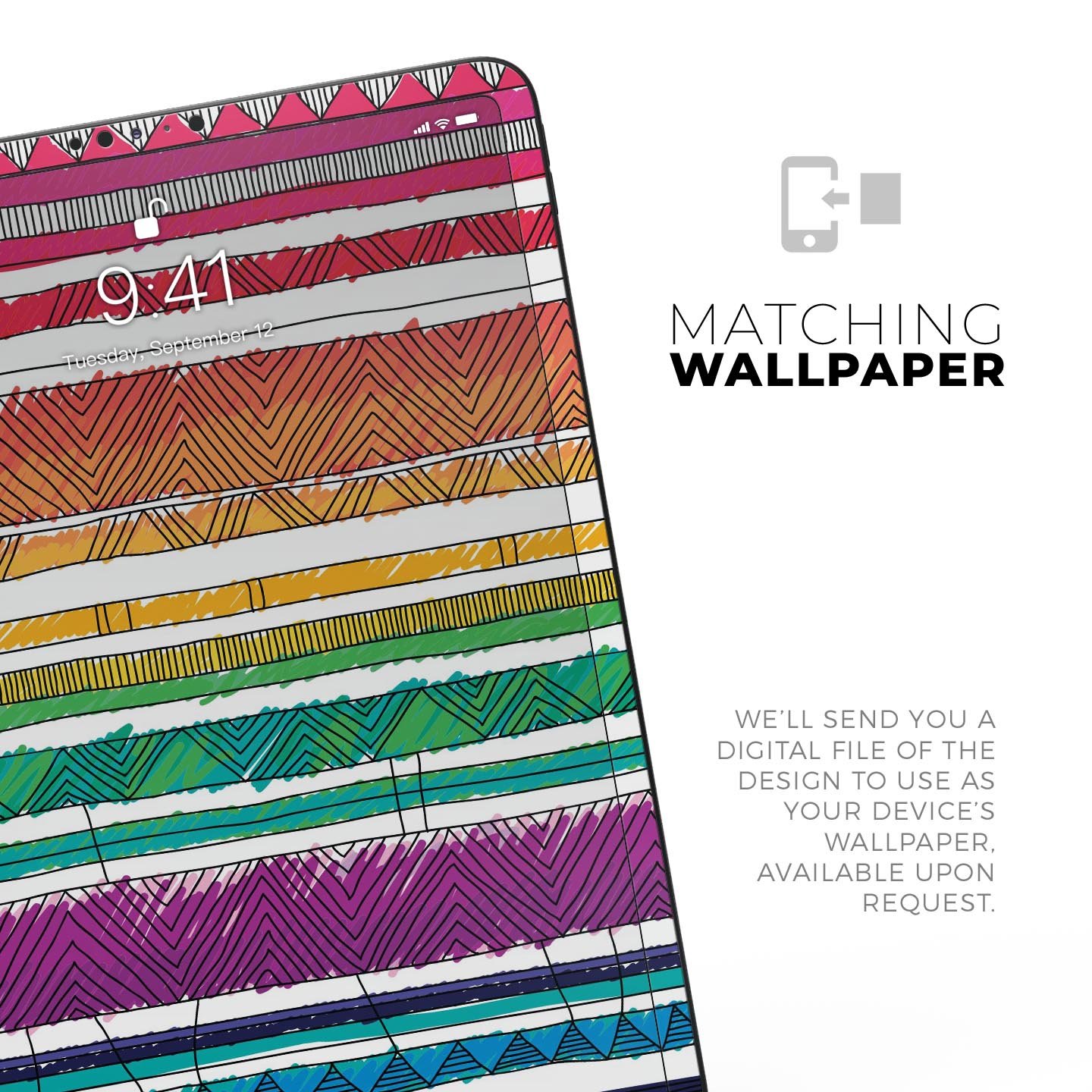 Colorful crayon doodle patterns skin decal for Apple devices, showcasing vibrant designs and premium quality materials.