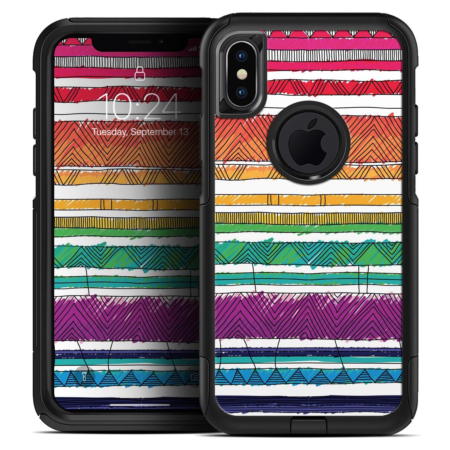Colorful crayon doodle patterns skin kit for iPhone OtterBox, showcasing vibrant designs and premium quality materials.