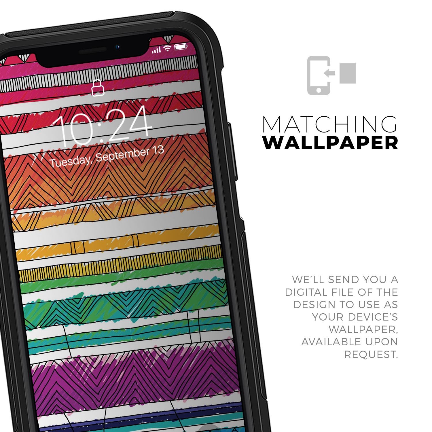 Colorful crayon doodle patterns skin kit for iPhone OtterBox, showcasing vibrant designs and premium quality materials.