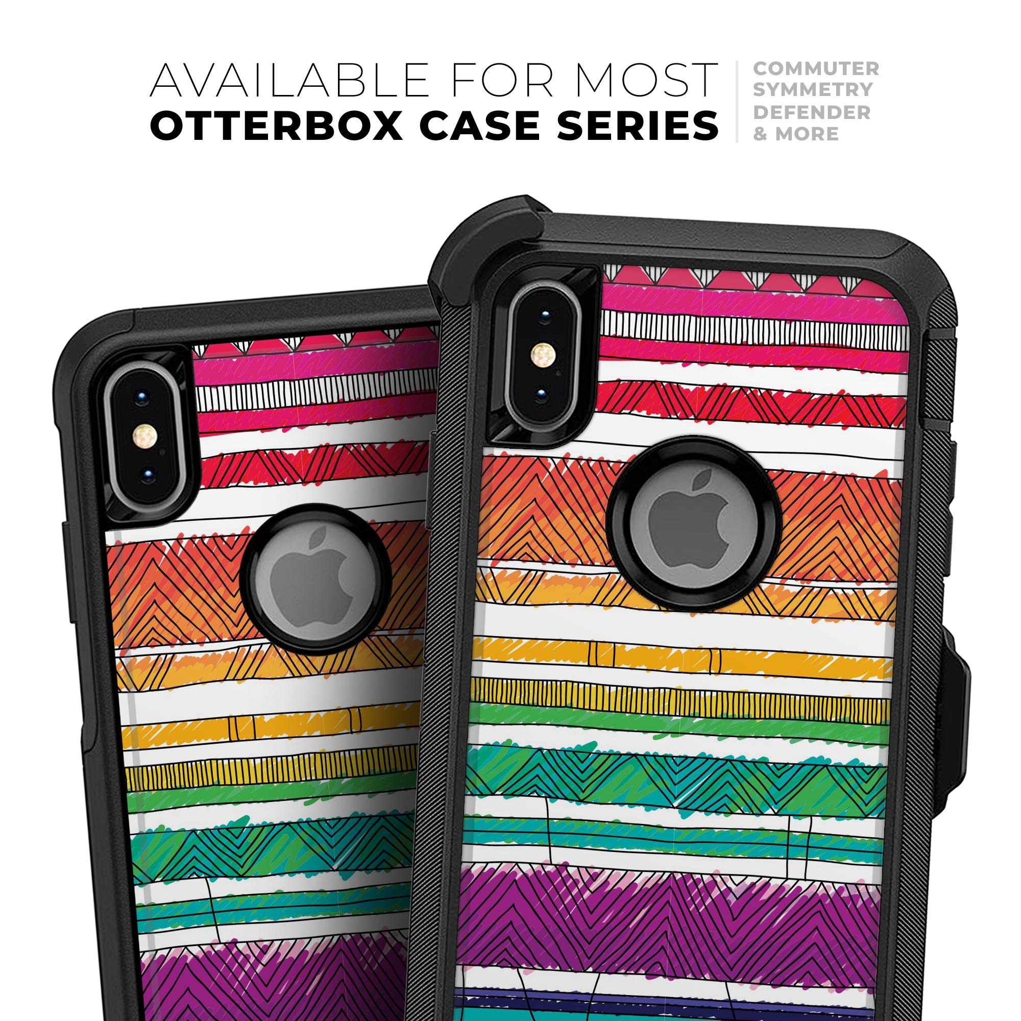Colorful crayon doodle patterns skin kit for iPhone OtterBox, showcasing vibrant designs and premium quality materials.