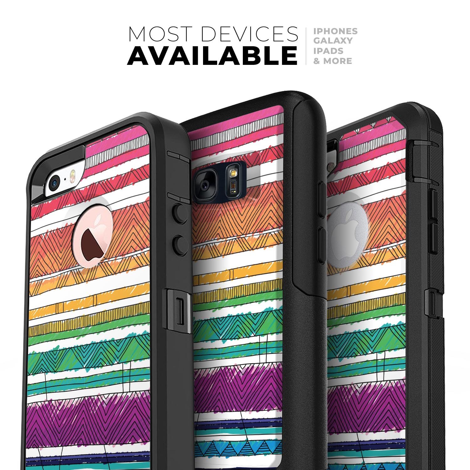 Colorful crayon doodle patterns skin kit for iPhone OtterBox, showcasing vibrant designs and premium quality materials.