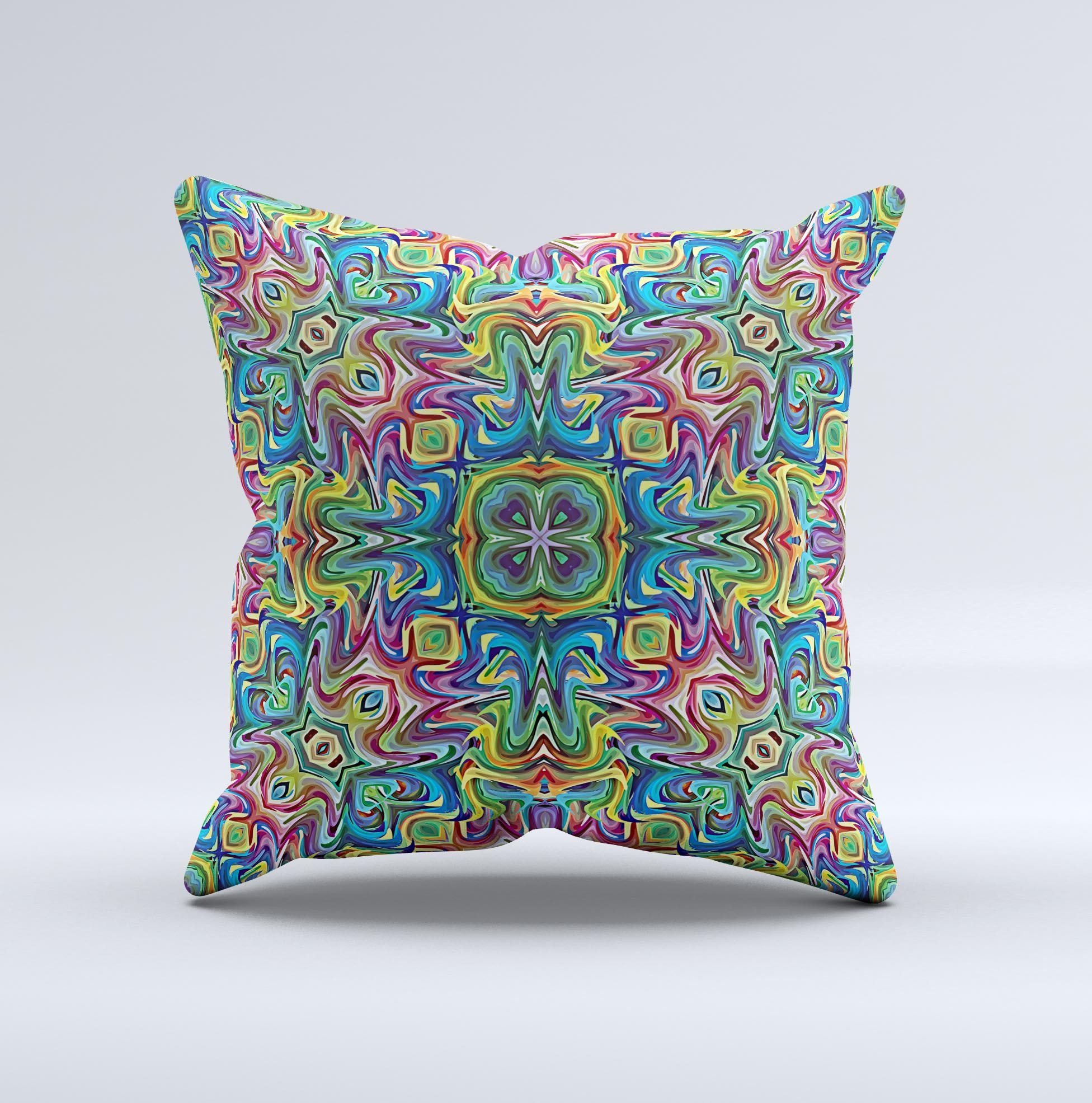 Crazy Neon Mirrored Swirls Ink-Fuzed Decorative Throw Pillow showcasing vibrant colors and unique design, handcrafted in Virginia.