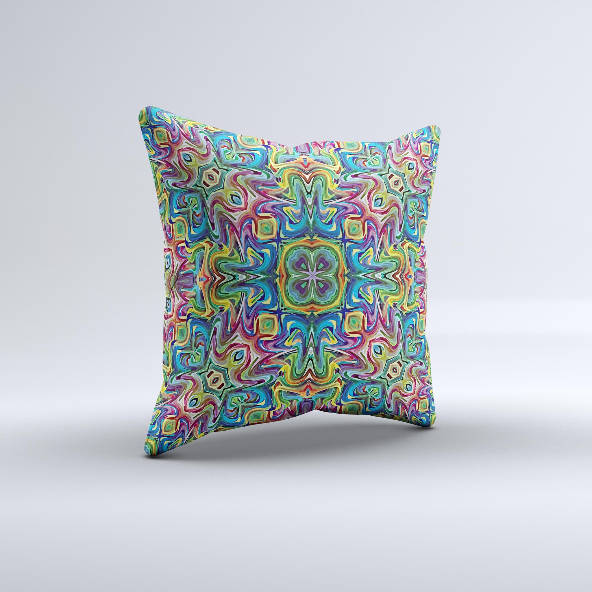 Crazy Neon Mirrored Swirls Ink-Fuzed Decorative Throw Pillow showcasing vibrant colors and unique design, handcrafted in Virginia.