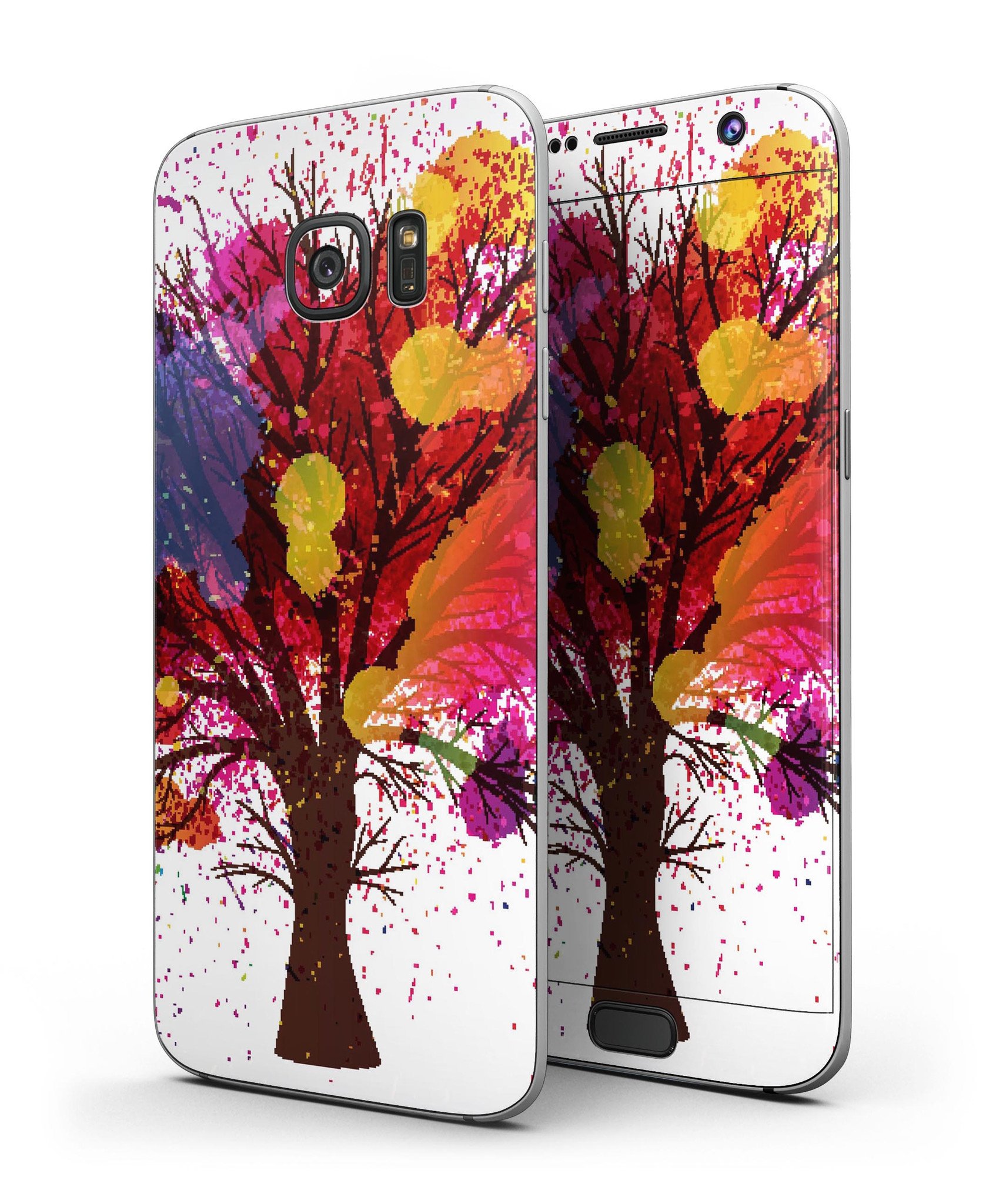 Crazy Splatter Tree full body skin kit for Samsung Galaxy S7 and S7 Edge, showcasing vibrant splatter design and premium vinyl material.