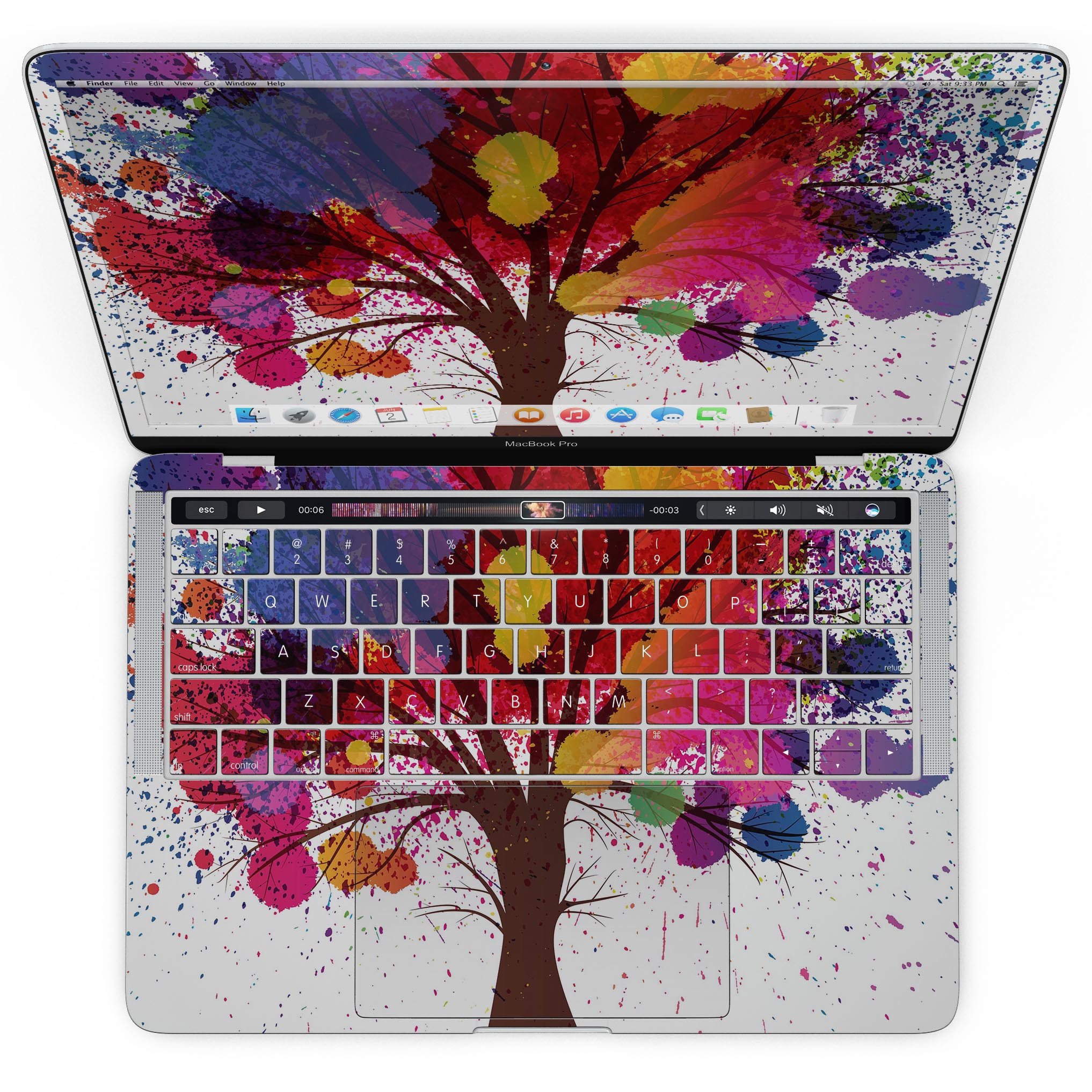 Crazy Splatter Tree skin kit for MacBook Pro with Touch Bar, showcasing vibrant colors and unique design.