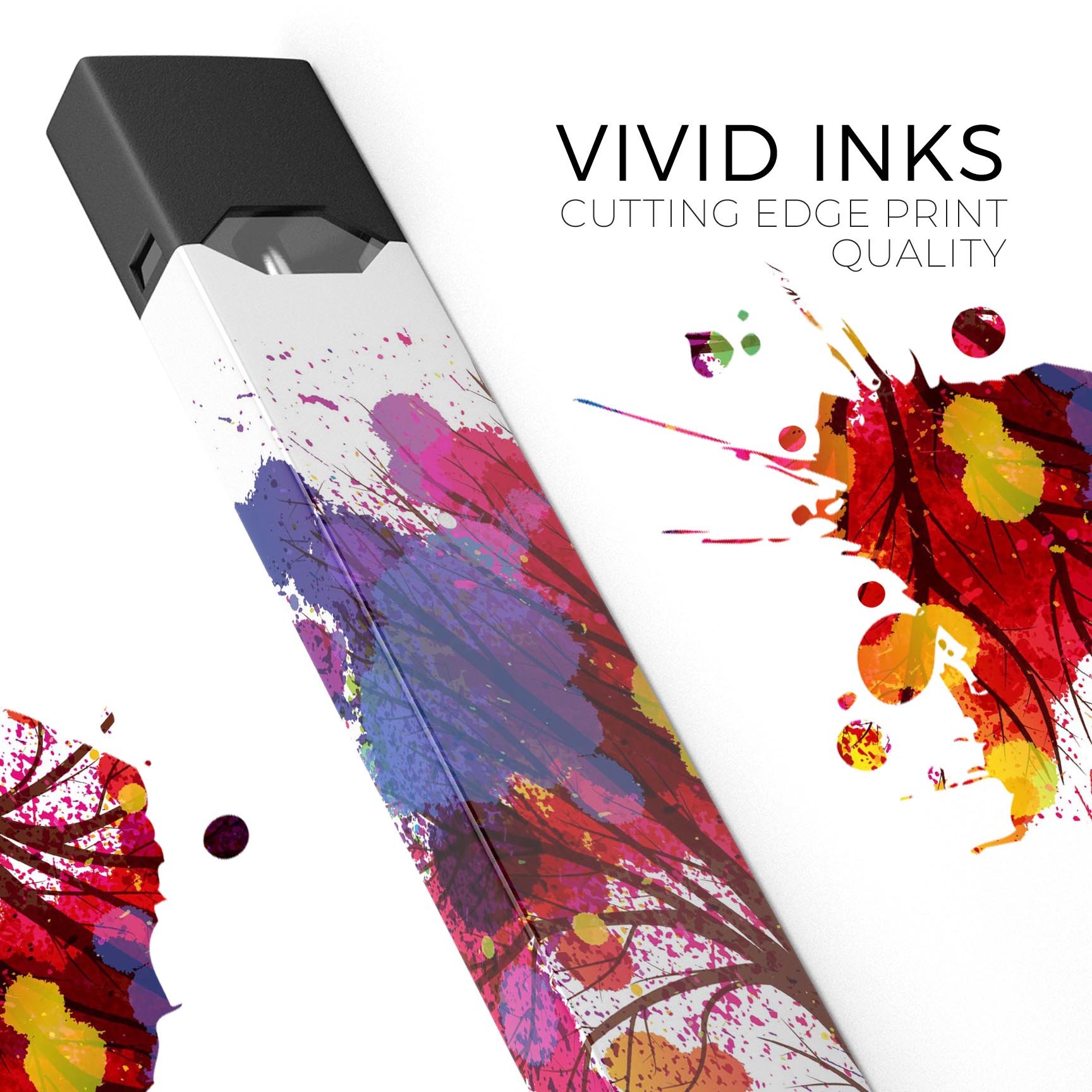 Crazy Splatter Tree premium decal skin wrap for JUUL vaping device, showcasing vibrant colors and unique design.