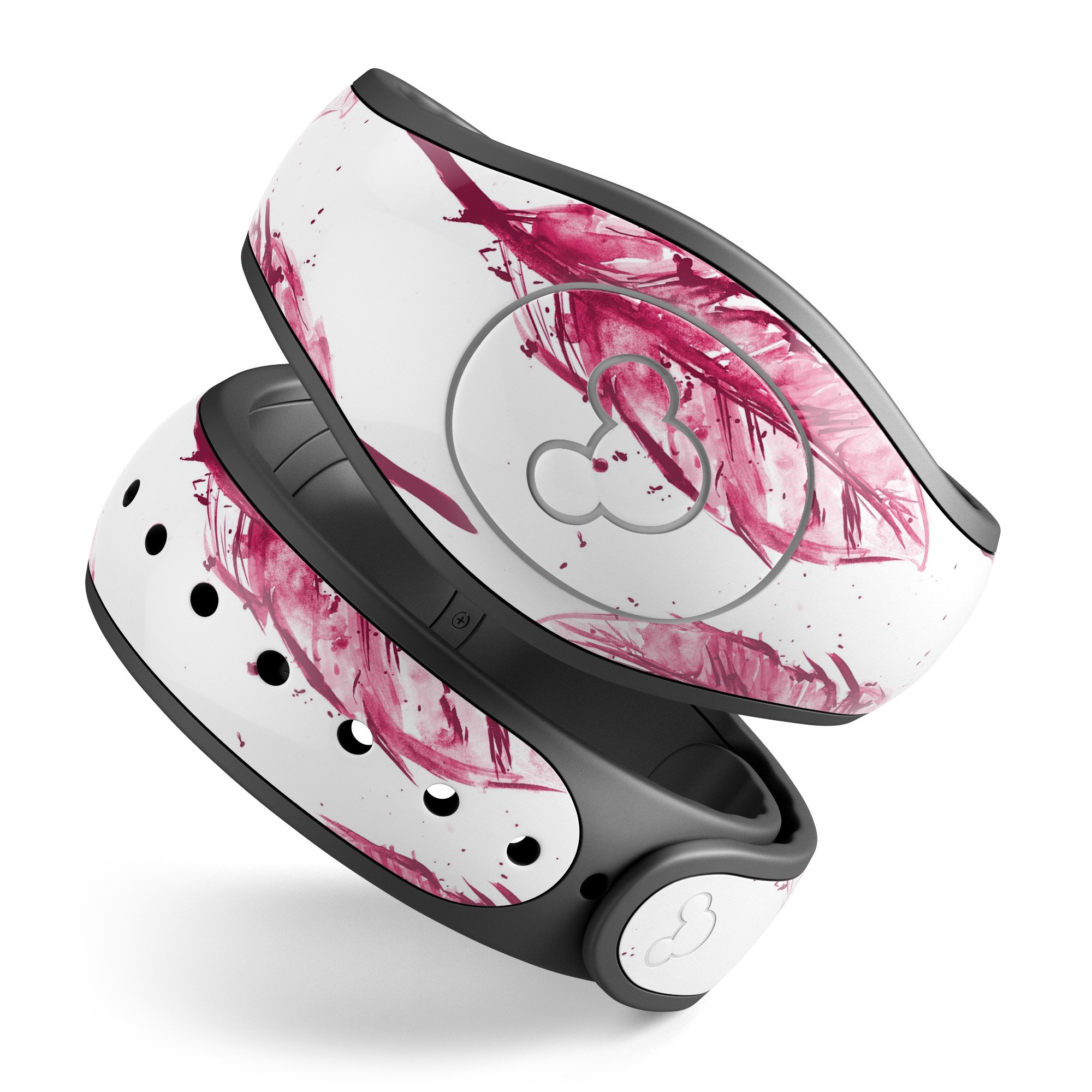 Crimson Feather Pattern decal skin wrap kit for Disney Magic Band, showcasing vibrant colors and intricate feather design.