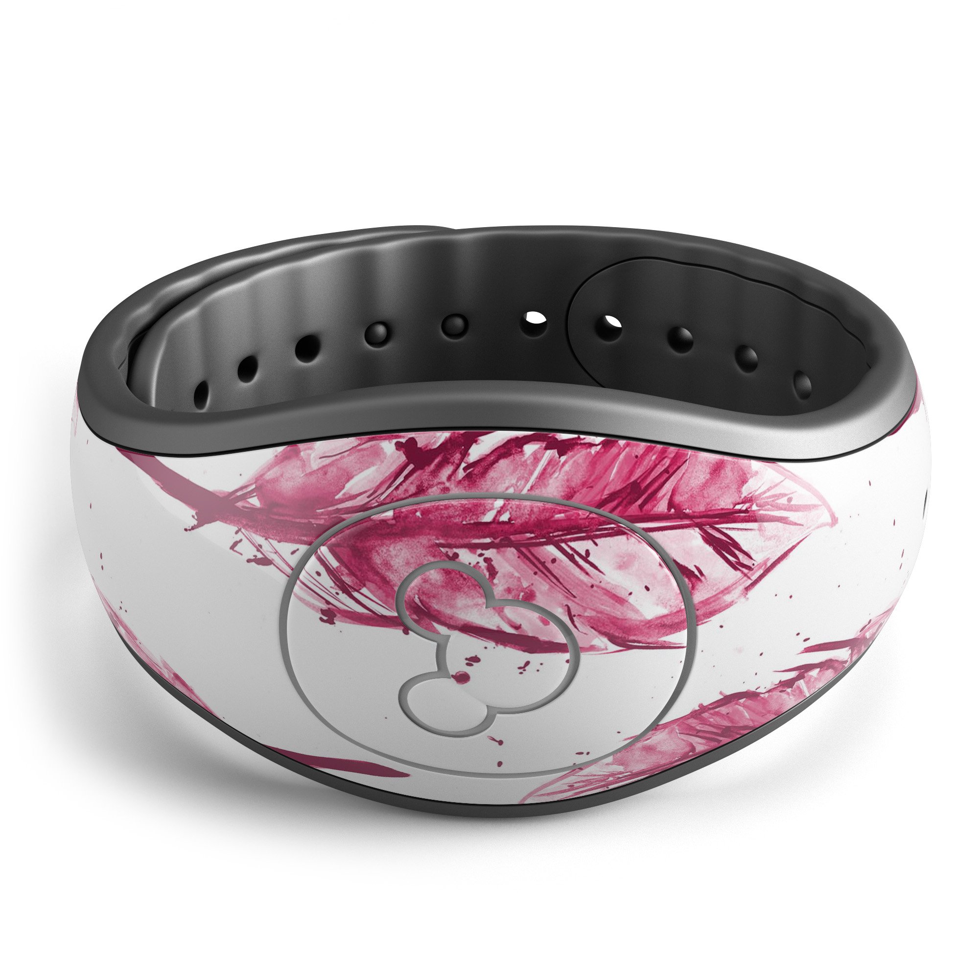 Crimson Feather Pattern decal skin wrap kit for Disney Magic Band, showcasing vibrant colors and intricate feather design.