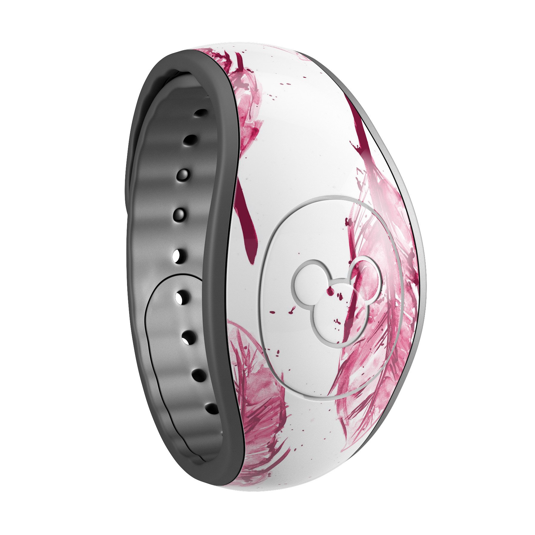 Crimson Feather Pattern decal skin wrap kit for Disney Magic Band, showcasing vibrant colors and intricate feather design.