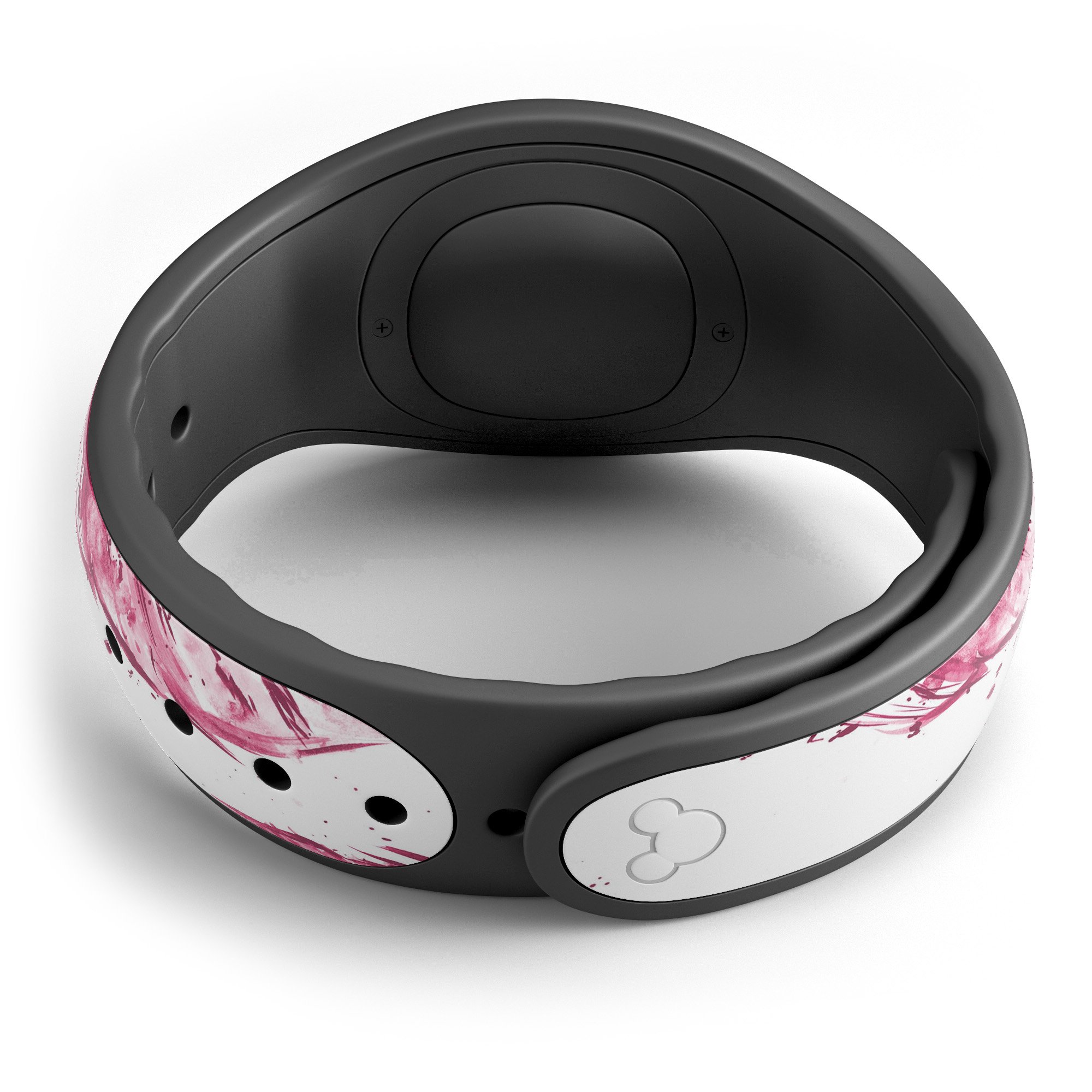 Crimson Feather Pattern decal skin wrap kit for Disney Magic Band, showcasing vibrant colors and intricate feather design.