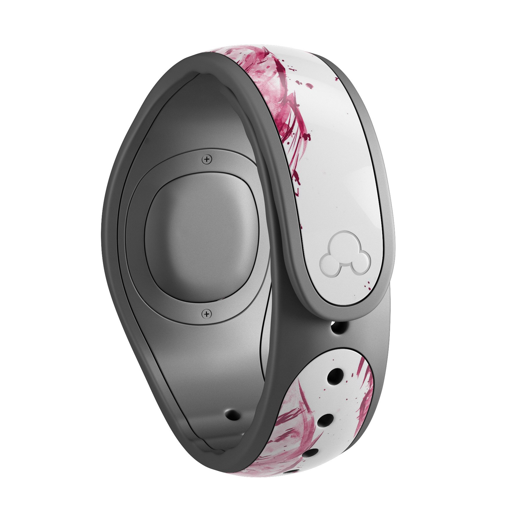 Crimson Feather Pattern decal skin wrap kit for Disney Magic Band, showcasing vibrant colors and intricate feather design.