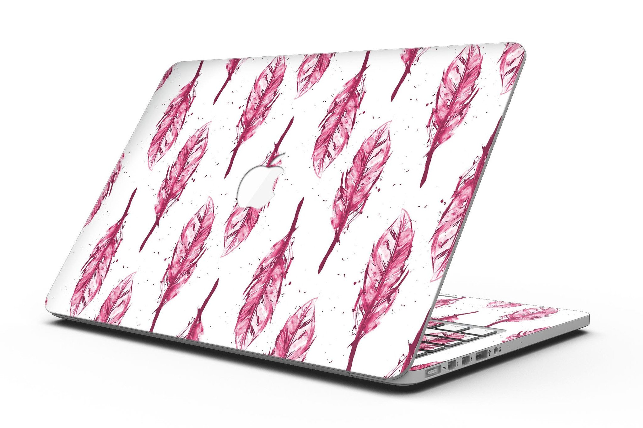 Crimson Feather Pattern skin applied to a MacBook Pro with Retina Display, showcasing vibrant colors and sleek design.