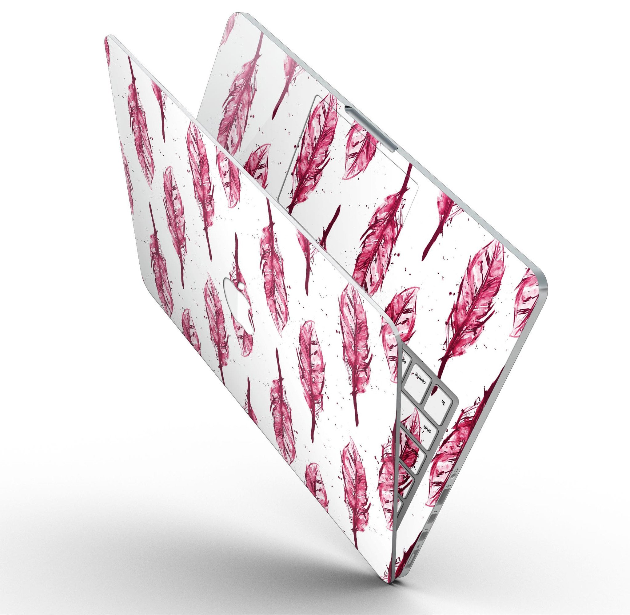 Crimson Feather Pattern skin applied to a MacBook Pro with Retina Display, showcasing vibrant colors and sleek design.