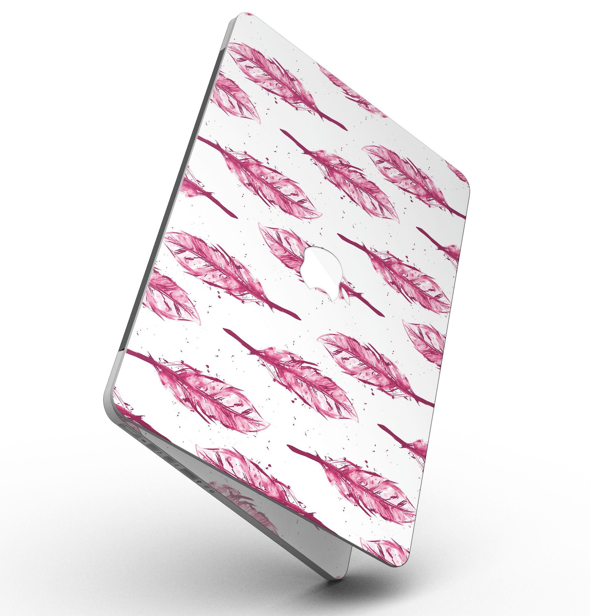 Crimson Feather Pattern skin applied to a MacBook Pro with Retina Display, showcasing vibrant colors and sleek design.