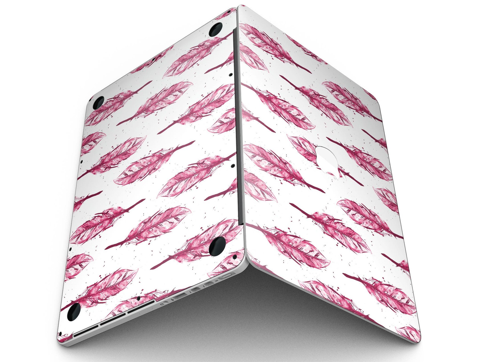 Crimson Feather Pattern skin applied to a MacBook Pro with Retina Display, showcasing vibrant colors and sleek design.