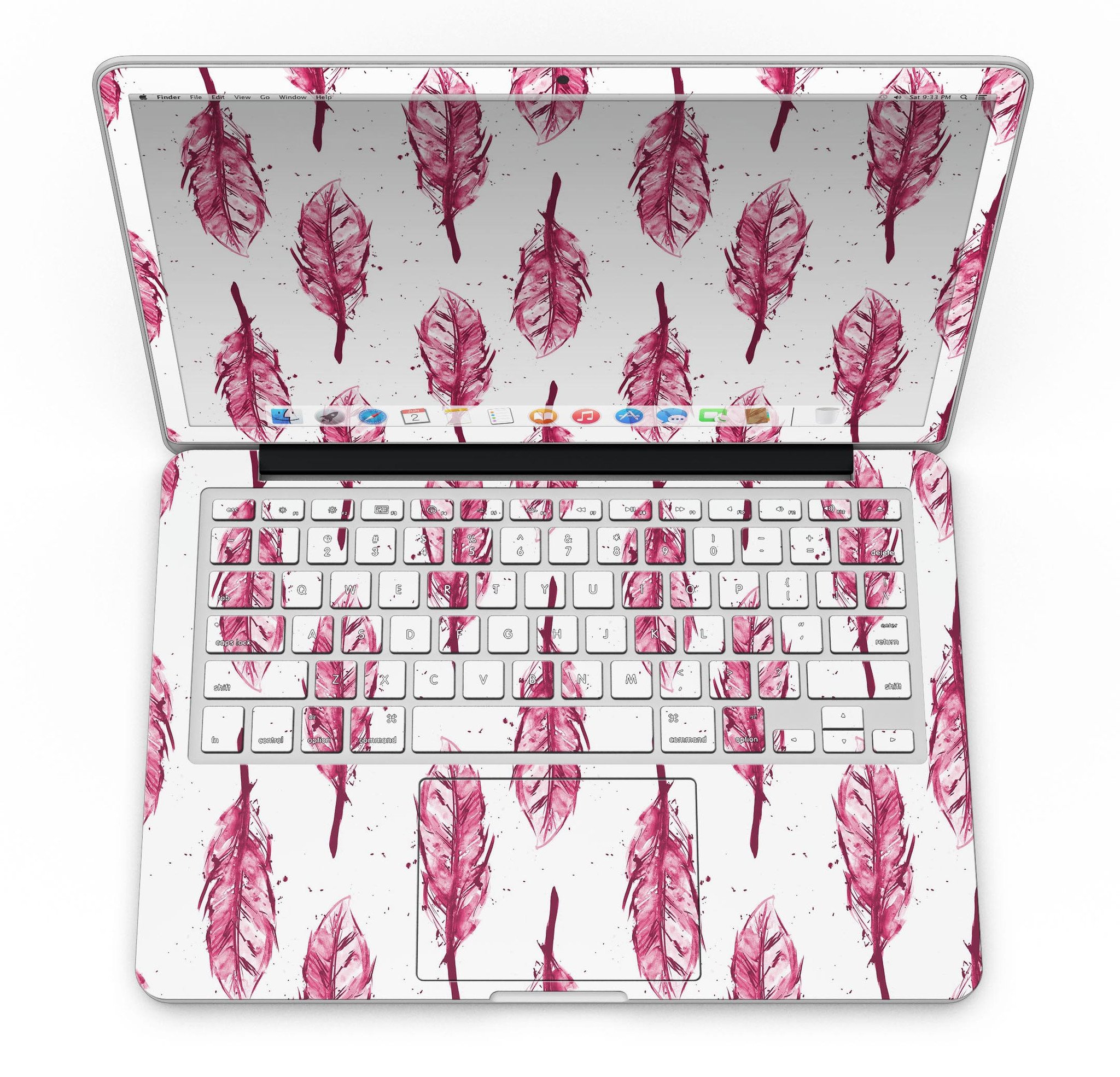 Crimson Feather Pattern skin applied to a MacBook Pro with Retina Display, showcasing vibrant colors and sleek design.