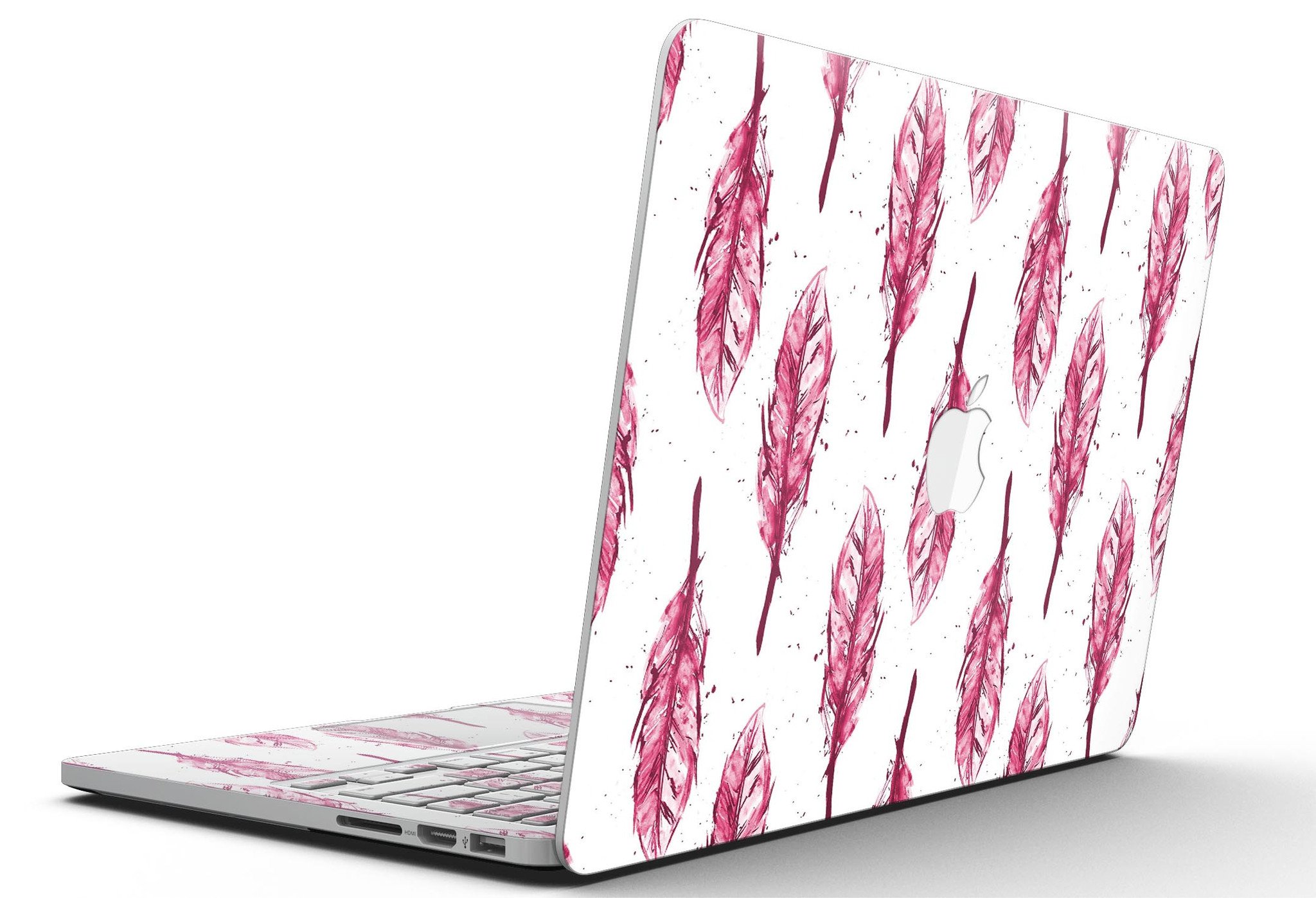 Crimson Feather Pattern skin applied to a MacBook Pro with Retina Display, showcasing vibrant colors and sleek design.