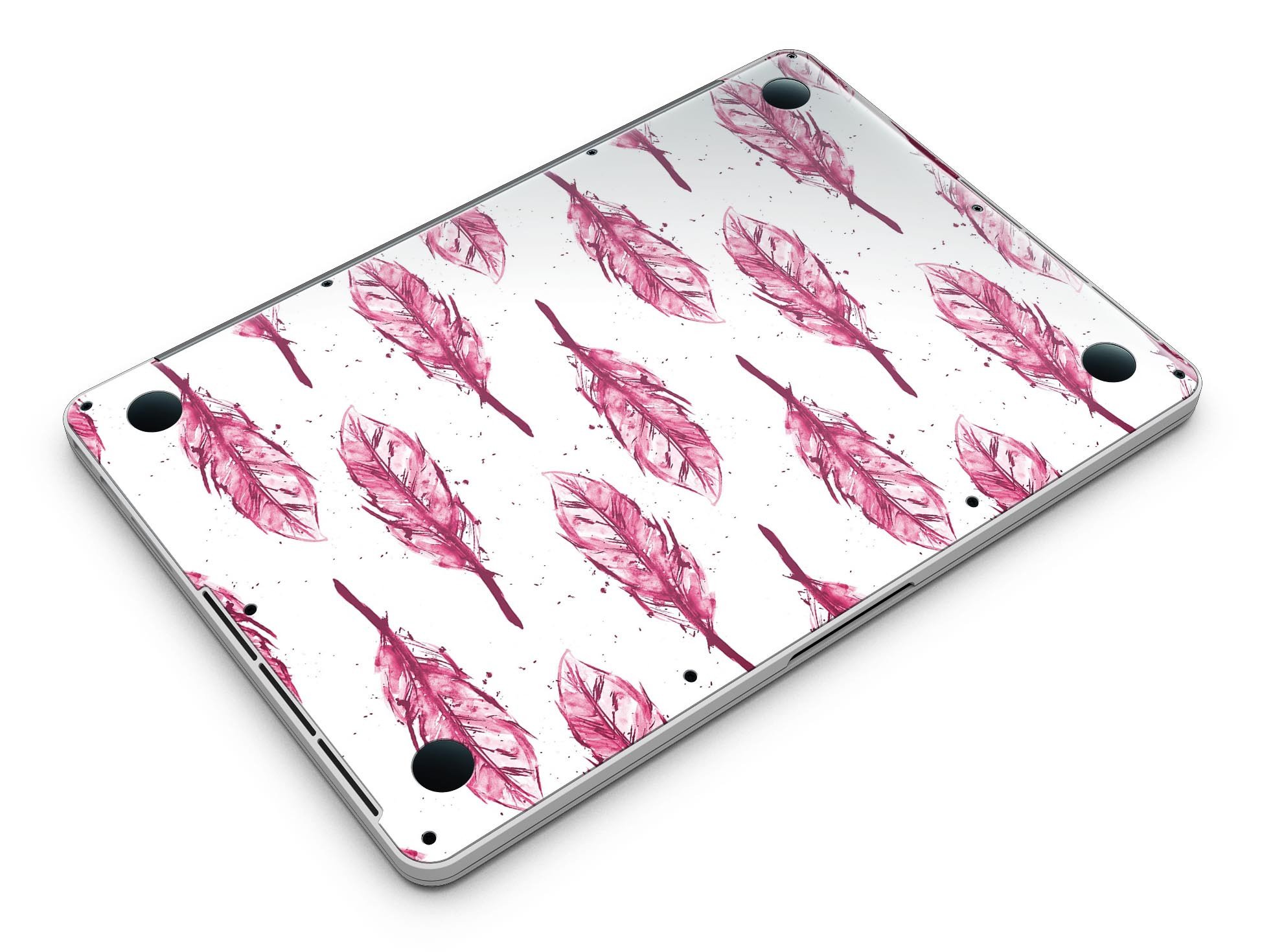 Crimson Feather Pattern skin applied to a MacBook Pro with Retina Display, showcasing vibrant colors and sleek design.