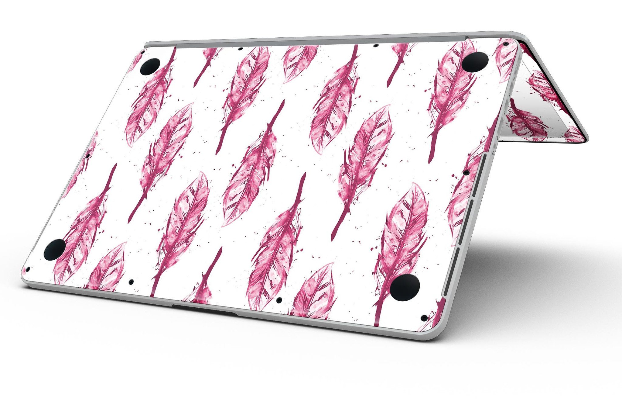 Crimson Feather Pattern skin applied to a MacBook Pro with Retina Display, showcasing vibrant colors and sleek design.