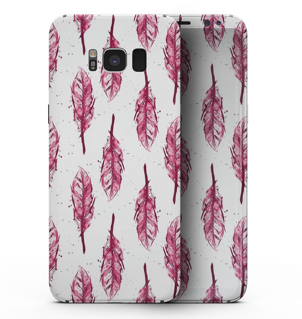 Crimson Feather Pattern skin kit for Samsung Galaxy S8, showcasing vibrant colors and a sleek design that fits perfectly on the device.