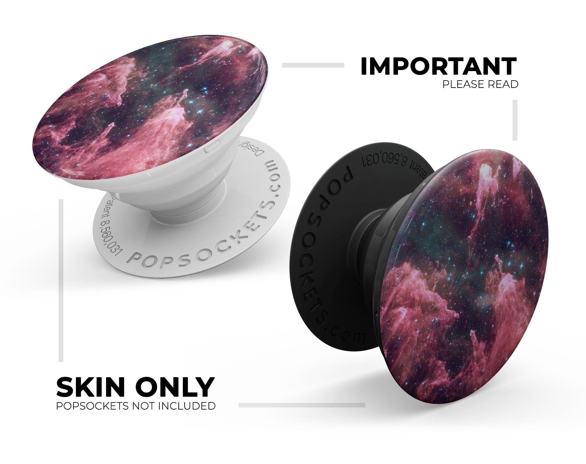 Crimson Nebula Skin Kit for PopSockets featuring a vibrant cosmic design on premium vinyl.