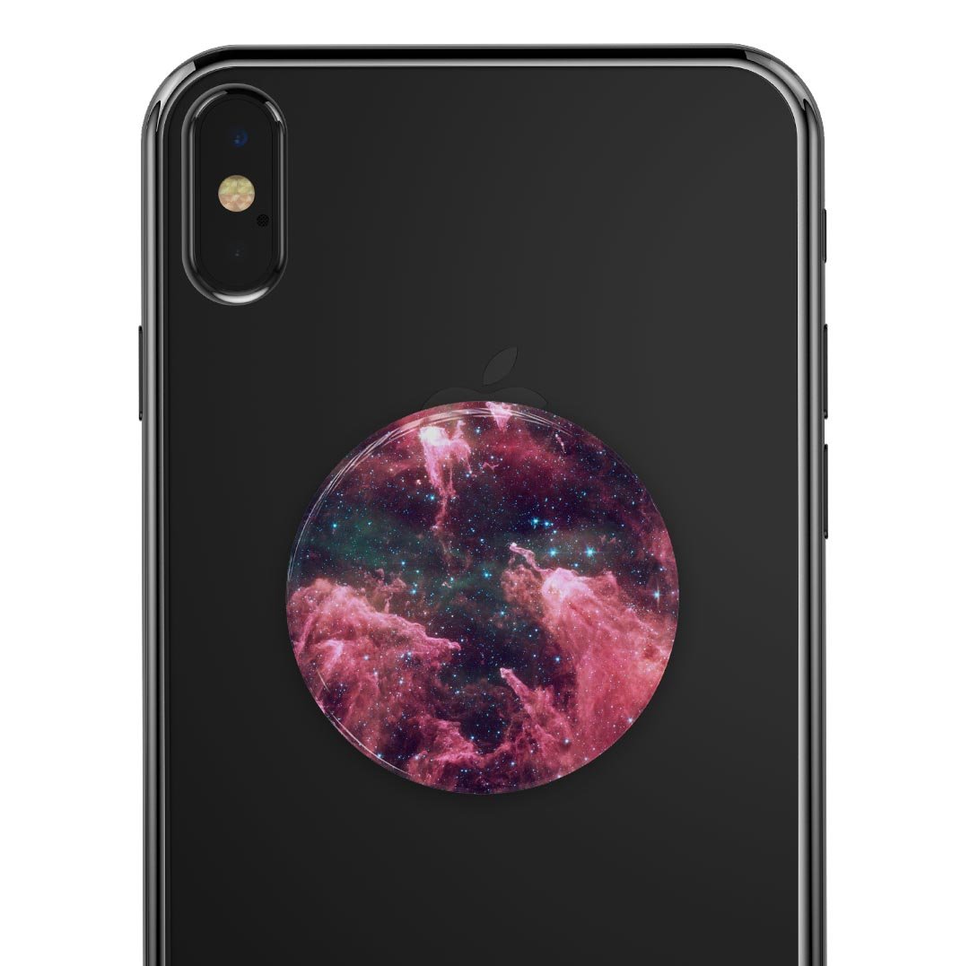 Crimson Nebula Skin Kit for PopSockets featuring a vibrant cosmic design on premium vinyl.