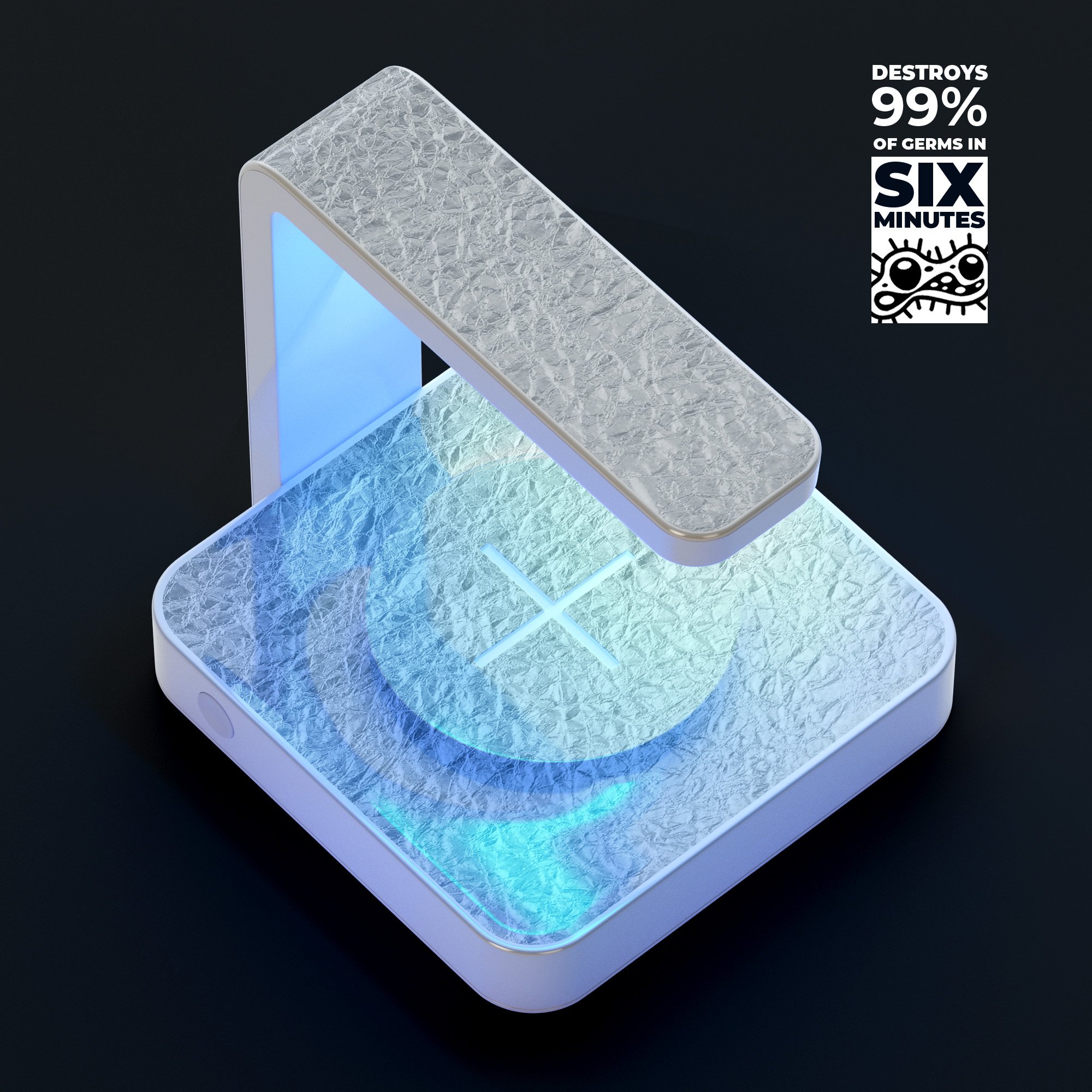 Crinkled Silver Foil UV Germicidal Sanitizing Wireless Charger with phone on top, showcasing its sleek design and functionality.