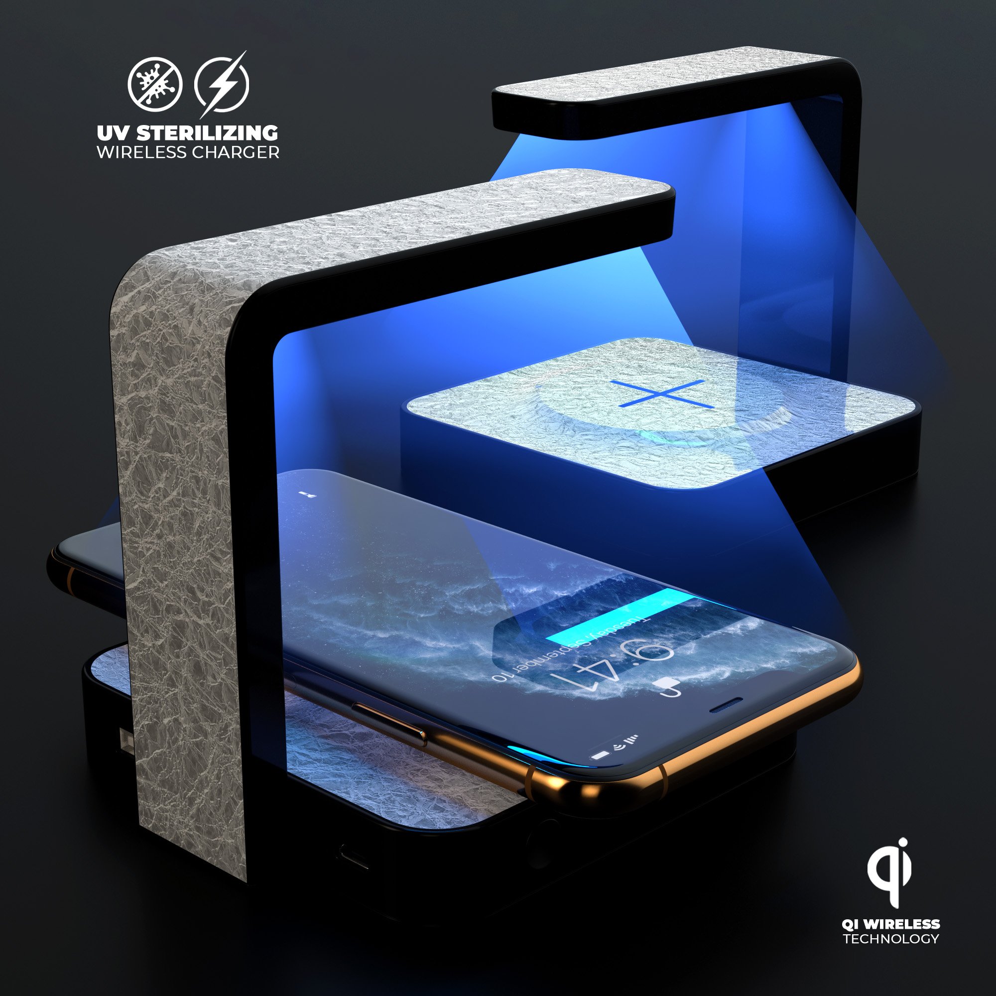 Crinkled Silver Foil UV Germicidal Sanitizing Wireless Charger with phone on top, showcasing its sleek design and functionality.