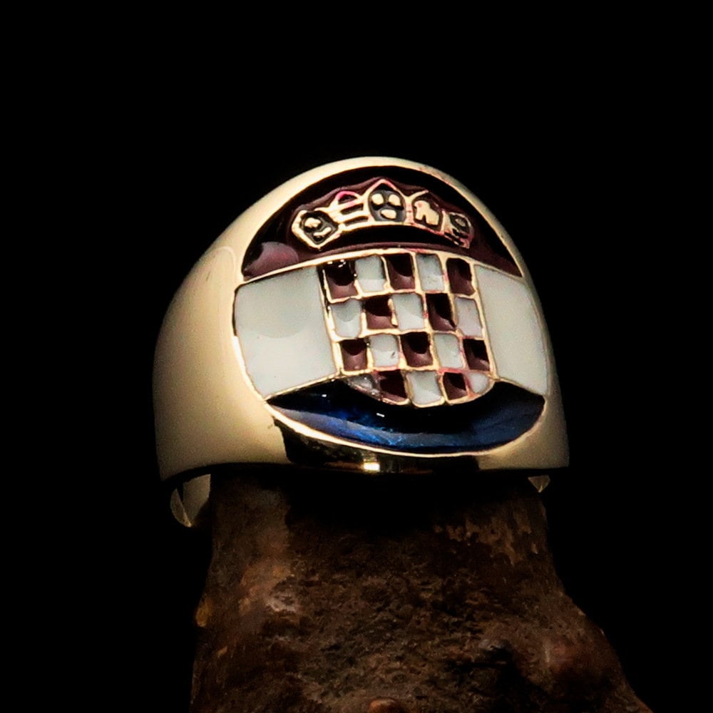 A round-shaped Croatian Flag Ring made of mirror polished brass, designed for pinky finger wear, showcasing the vibrant colors of the Croatian flag.