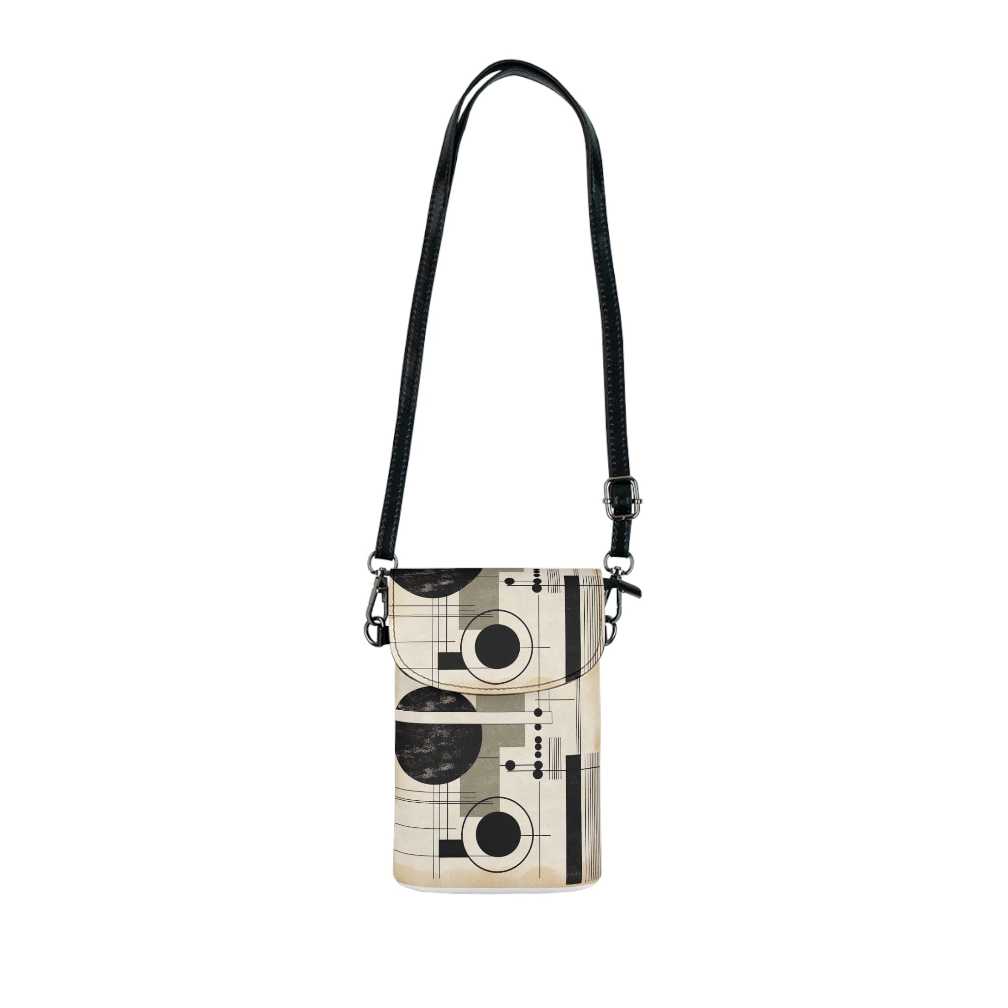 Stylish crossbody bag in abstract black, beige, and brown geometric design, featuring adjustable strap and multiple compartments.