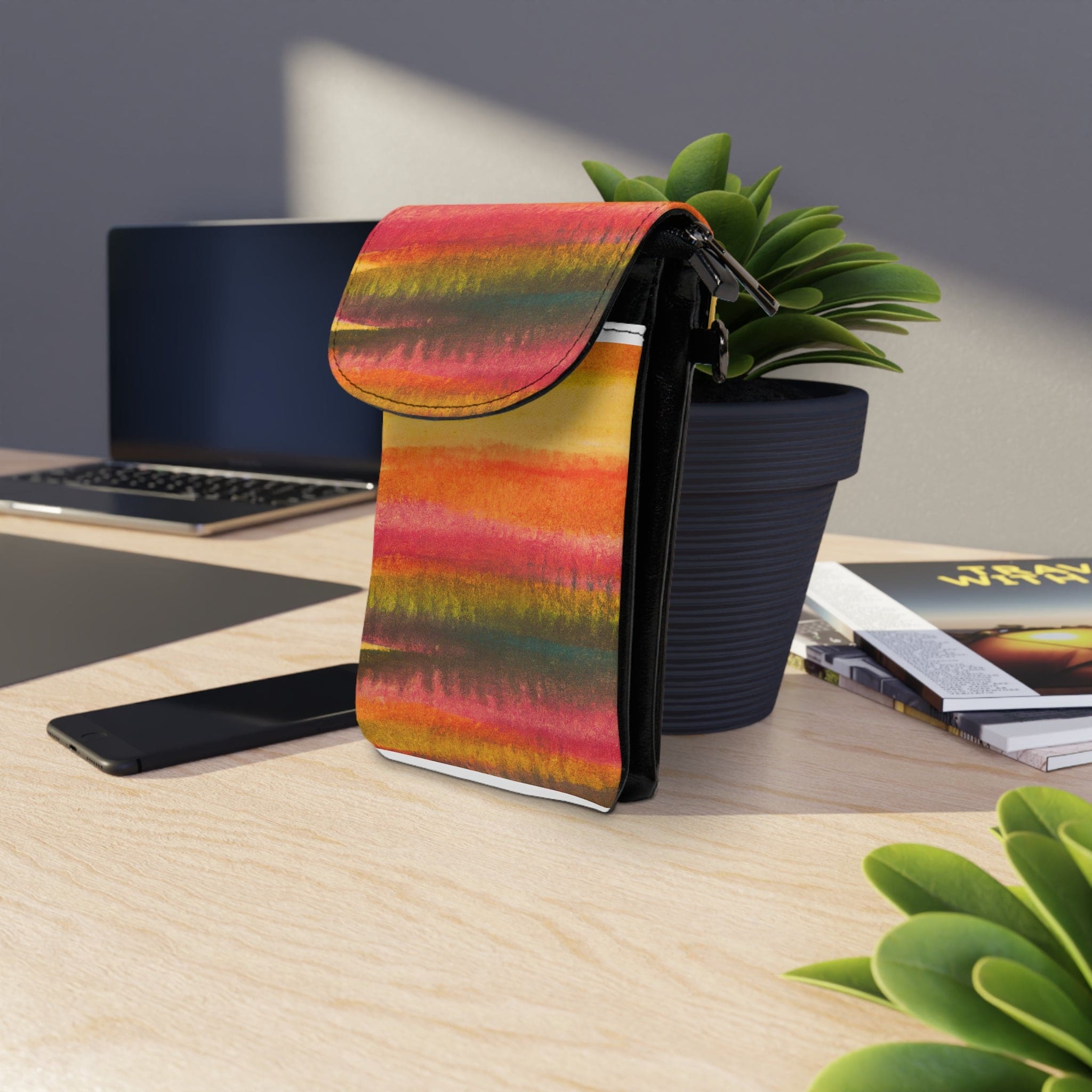 Small crossbody bag with Autumn Fall Watercolor design, featuring adjustable strap and multiple compartments for phone and cards.